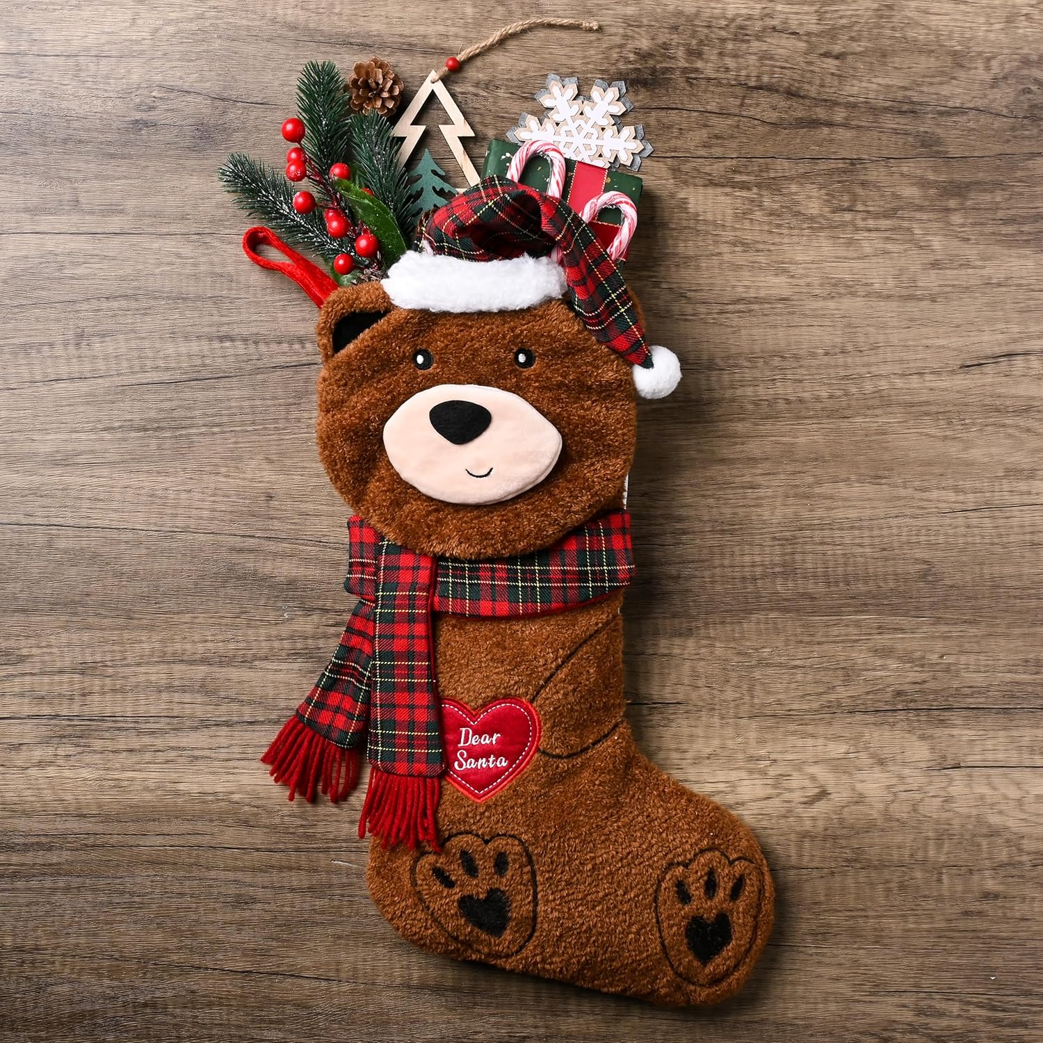 Valery Madelyn Christmas Stockings Decorations, 21 Inch Fabric Red Brown Bear Hugging A Heart Cute Plush Personalized Fireplace Hanging Ornament for Holiday Xmas Party Decor