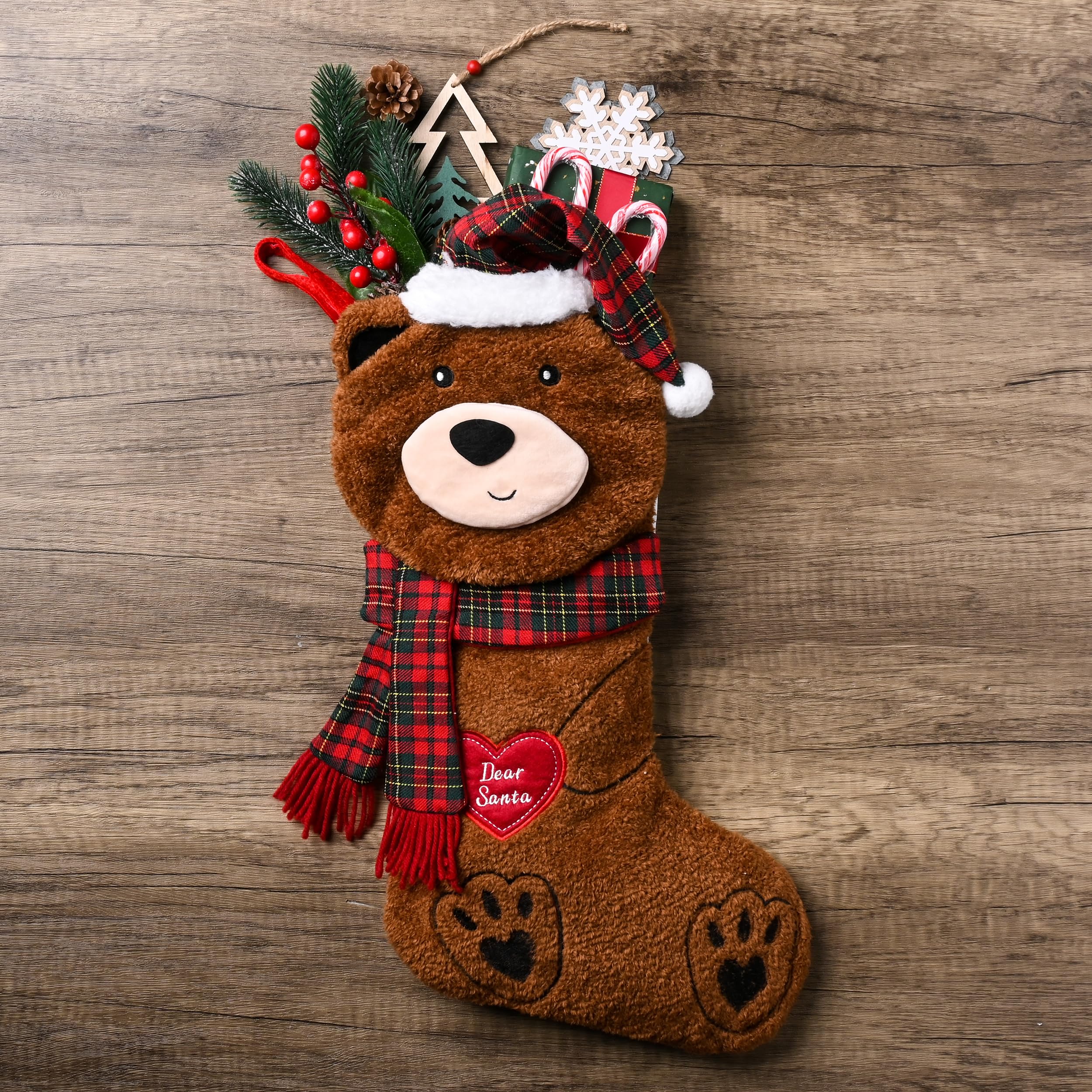 Valery Madelyn Calze natalizie a forma di orso, 53,3 cm, grandi, marroni, per animali domestici, simpatiche calze di Natale in peluche da appendere al camino, regalo di Natale, decorazioni per feste