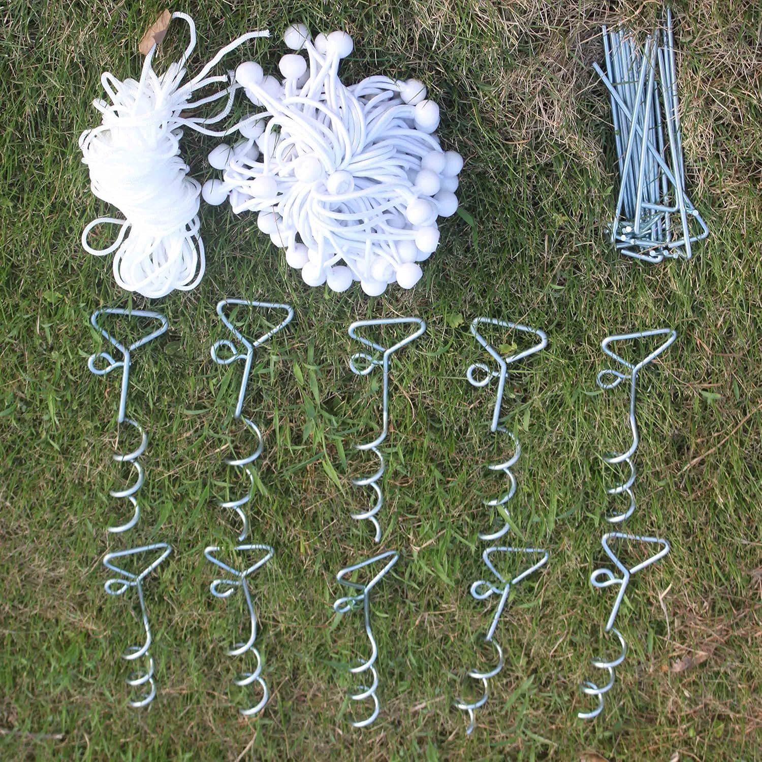 Corkscrew pegs, ropes, and elastic ball bungees