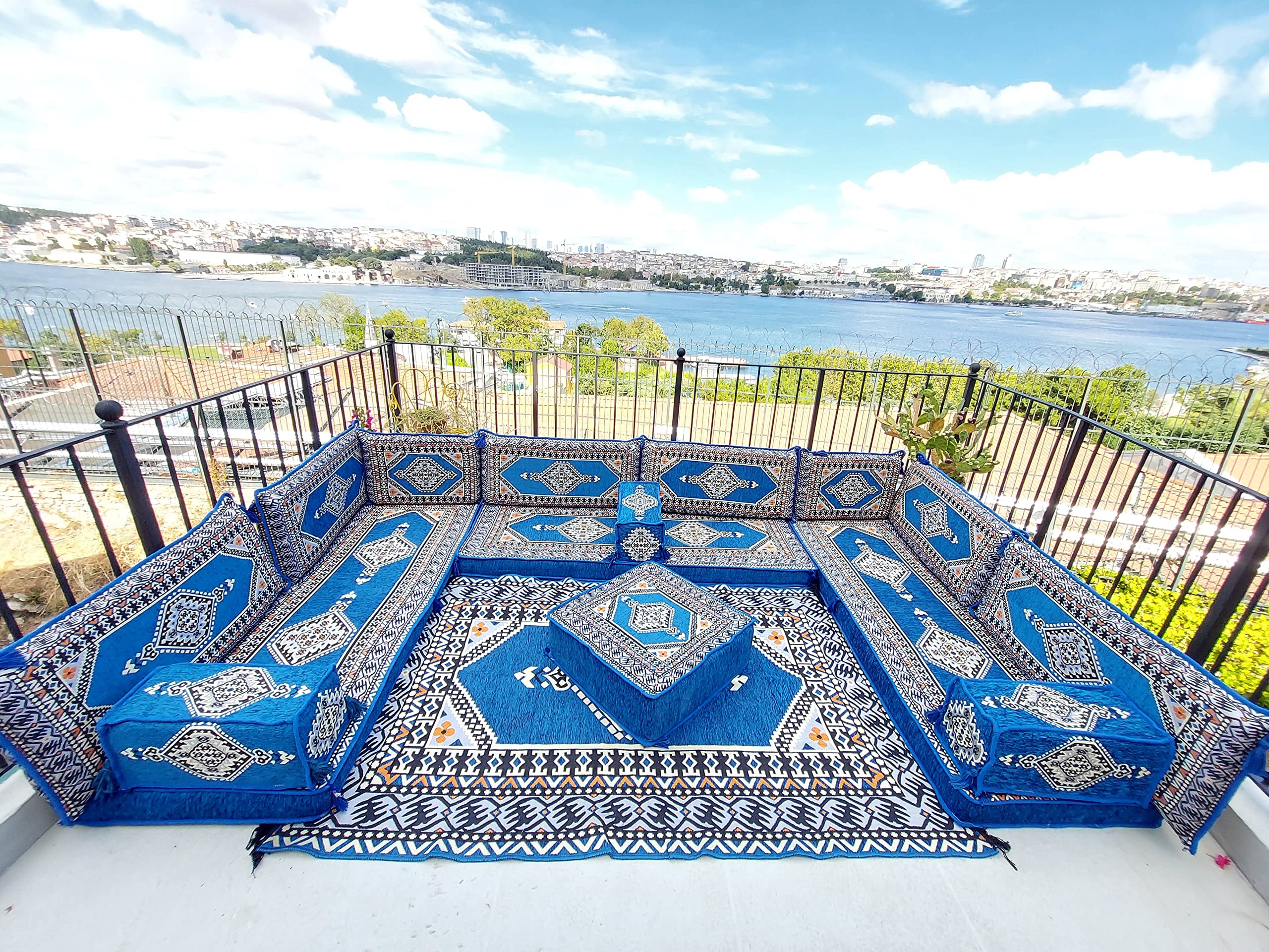 U Shaped Arabic Sofa Set, Terrace Pallet Sofa, Royal Blue Sectional