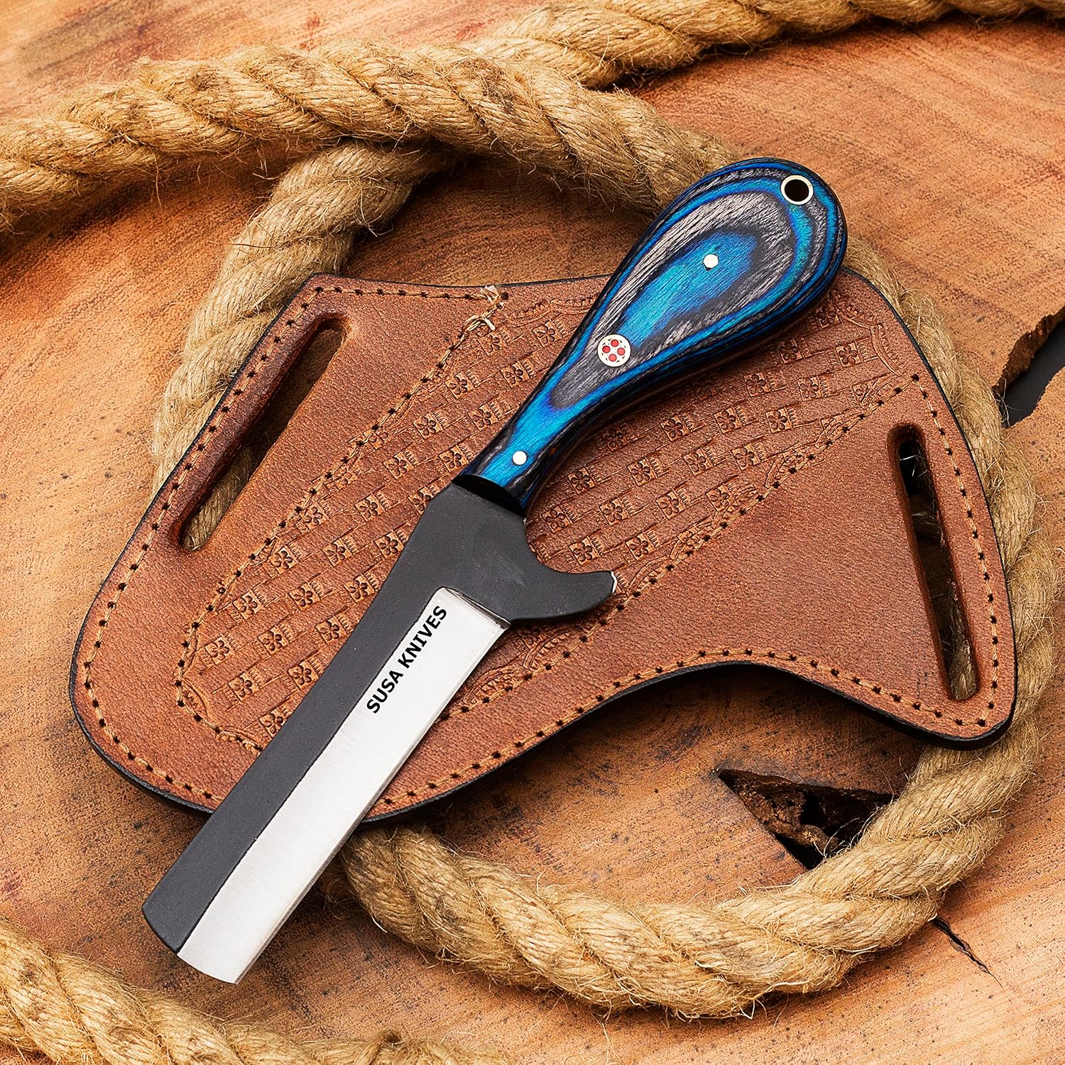 Handmade 1095 Steel Bull Cutter, Cowboy Knife With Pancake Leather Sheath - Classic Style, Gift for Men, EDC (BLUE)