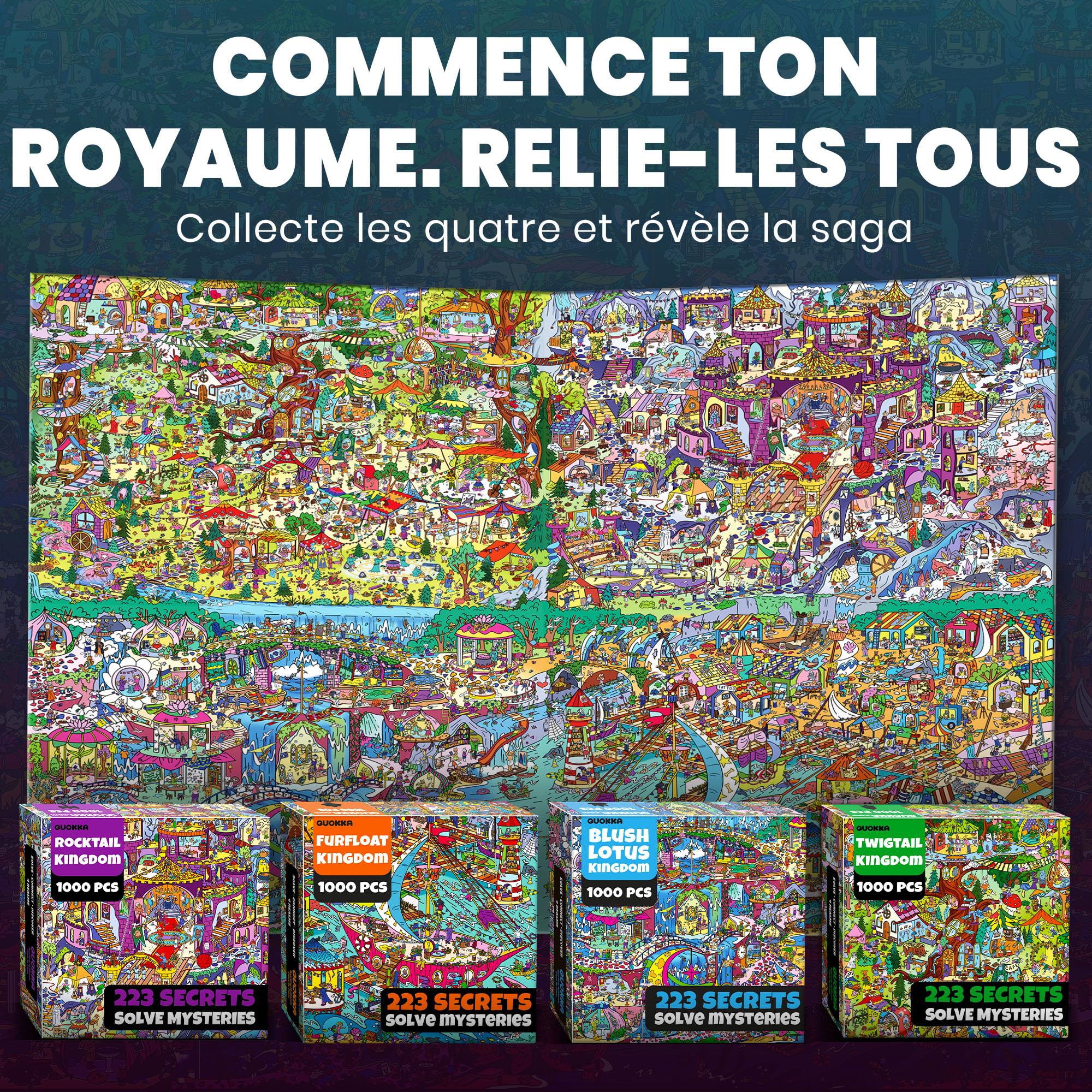 Puzzle 1000 pièces Adulte – Puzzles de 1000 pièces pour Adultes | Lot de 4 puzzles – 892 secrets cachés – Construisez un royaume mystérieux épique avec Rocktail, Twigtail, Furfloat et Blush L