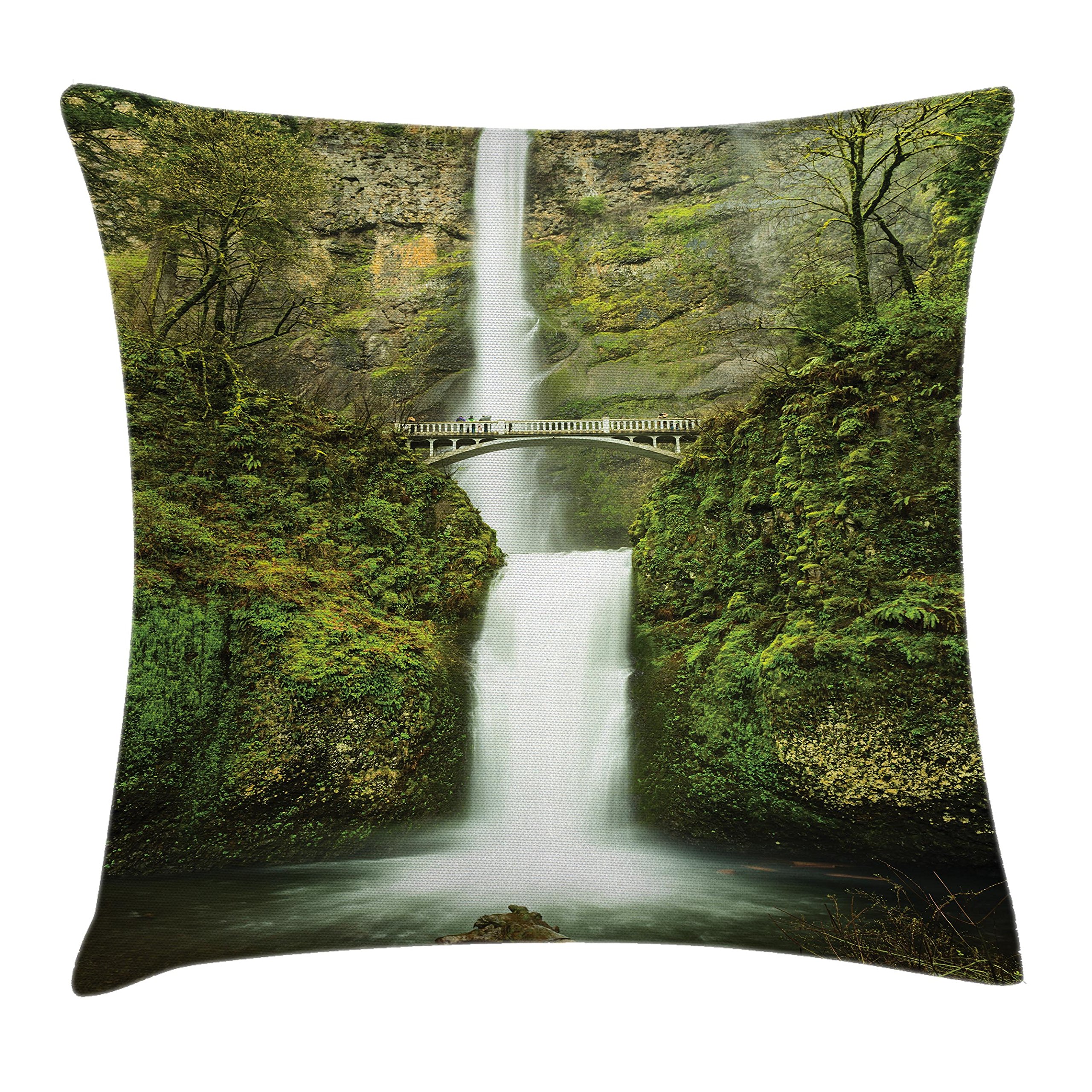 Ambesonne Hobbits Throw Pillow Cushion Cover, Falls of Rivendell Multnomah Waterfall Oregon with Hobbit Elf Path Bridge Scene Image, Decorative Square Accent Pillow Case, 16" X 16", Forest Green