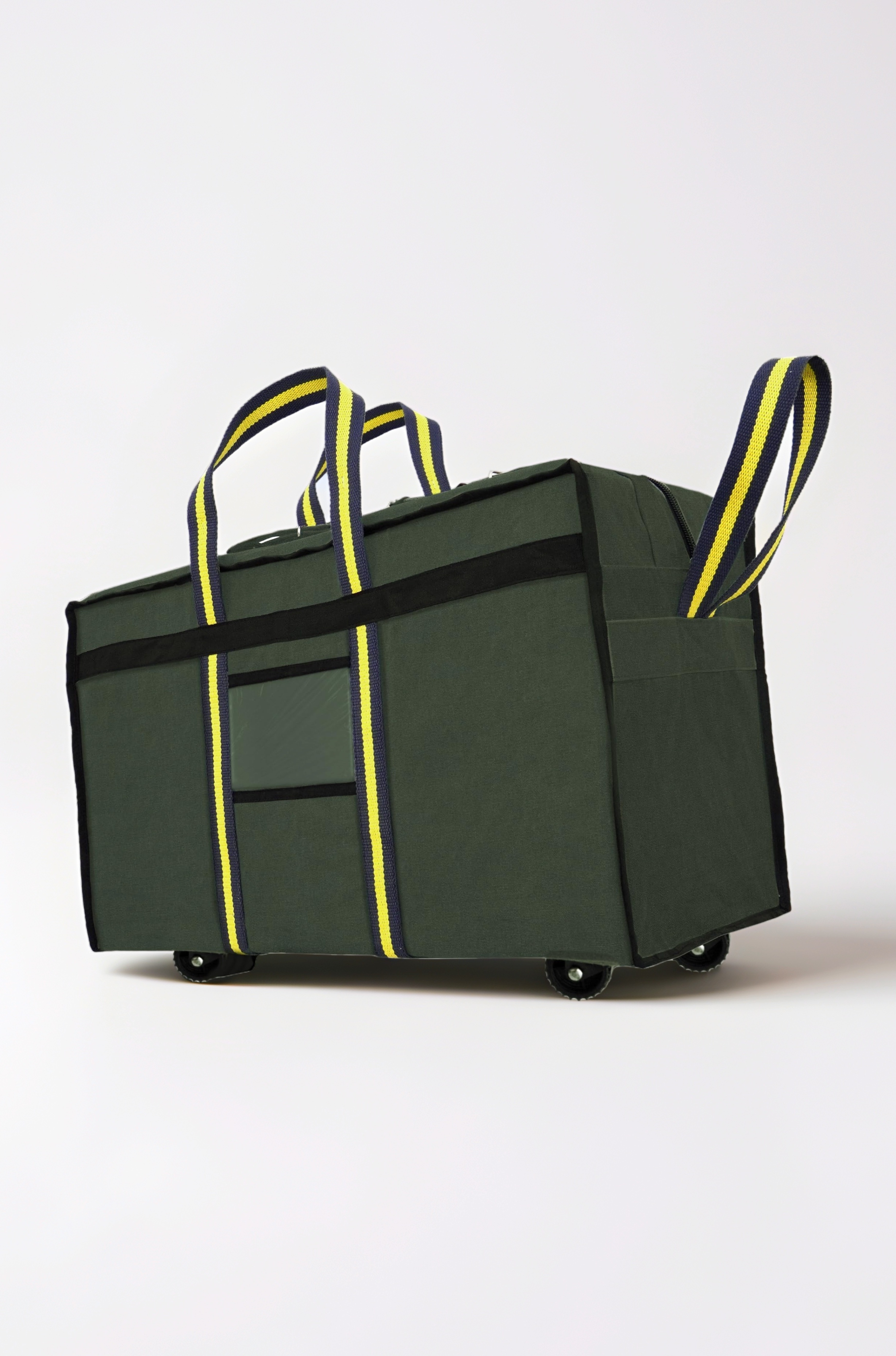 - Canvas 90 Liter Large Strong Travel Luggage Duffel Storage Bag with Six Wheels & Front Transparent Pocket (Blue,73 x 27.5 x 45 cm) (Olive Green)