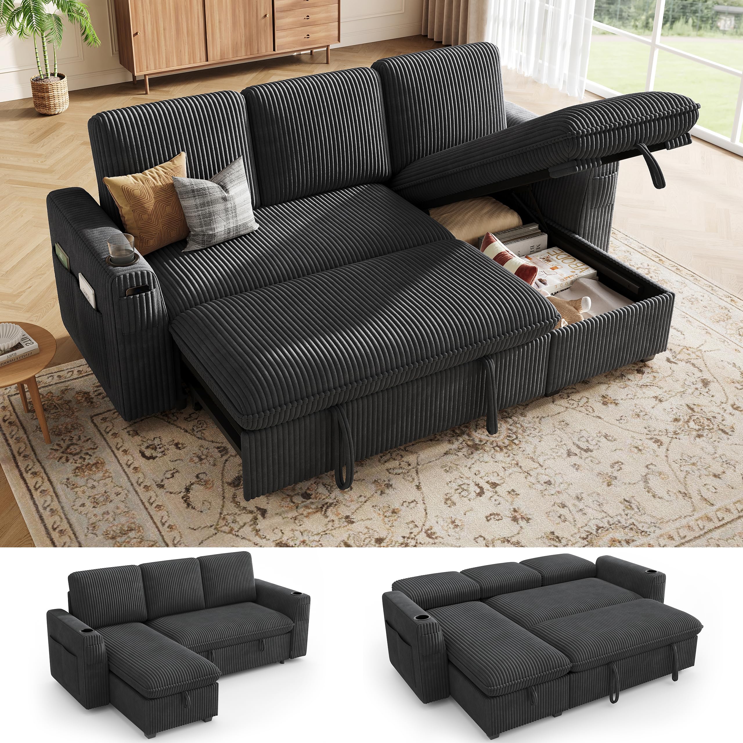 Sectional Sleeper Sofa with Pull Out Bed, Plush Corduroy Sectional Sofa with Adjustable Backrest and Storage Chaise, Cloud Sectional Couches for Apartment, Living Room, Dark Gray