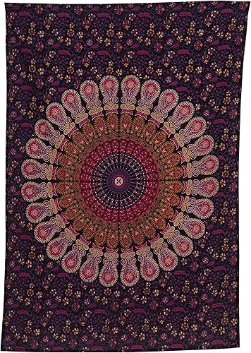 Miniatura 243 de Tapiz hippie indio bohemio psicodélico dorado mandala de pavo real azul dorado para colgar en la pared (dorado floral, individual (54 x 72 pulgadas)