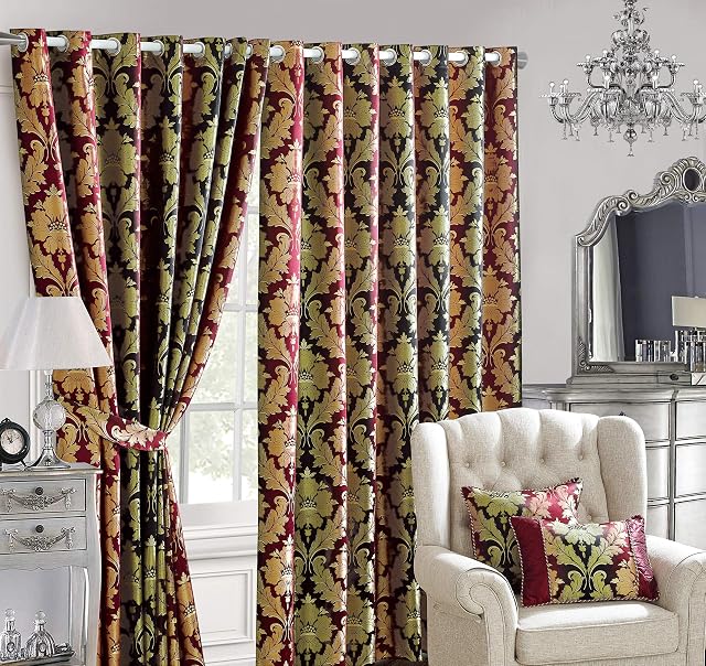 SPL Luxury Jacquard Curtain Pair Fully Lined Ring Top Eyelet with Tiebacks (Burgundy, 90x72)