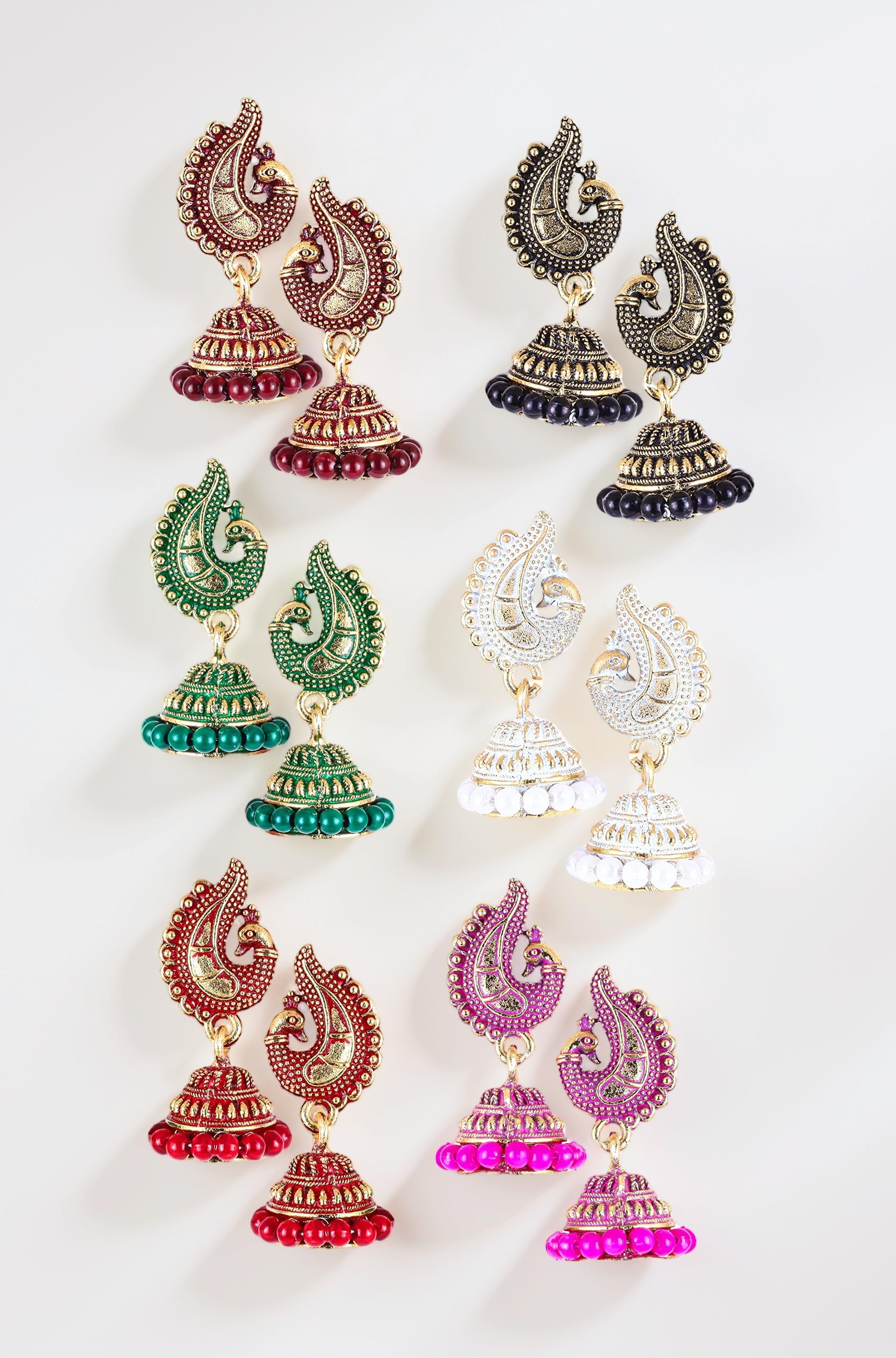 Peacock Jhumkas Jhumka jhumki Earrings Combo set Ear rings For Women girls Ladies Traditional Wedding Temple Gold Meenakari Ethnic Antique South Indian Round Pearl Moti Feather jhumki combo M05