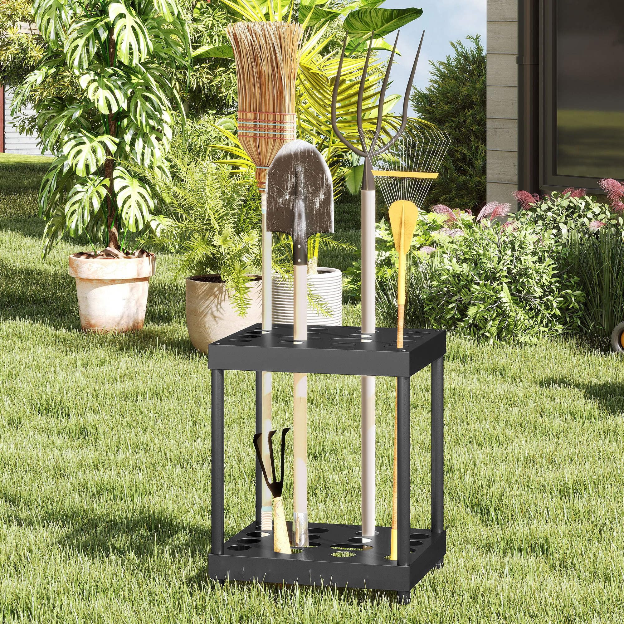 Outsunny Organizzatore per Attrezzi da Giardino, Porta Attrezzi da Giardino a 16 Scomparti a 2 Livelli con Cuscinetti Regolabili per Forbici da potatura, Pale, rastrelli, per capannone, Garage, Nero