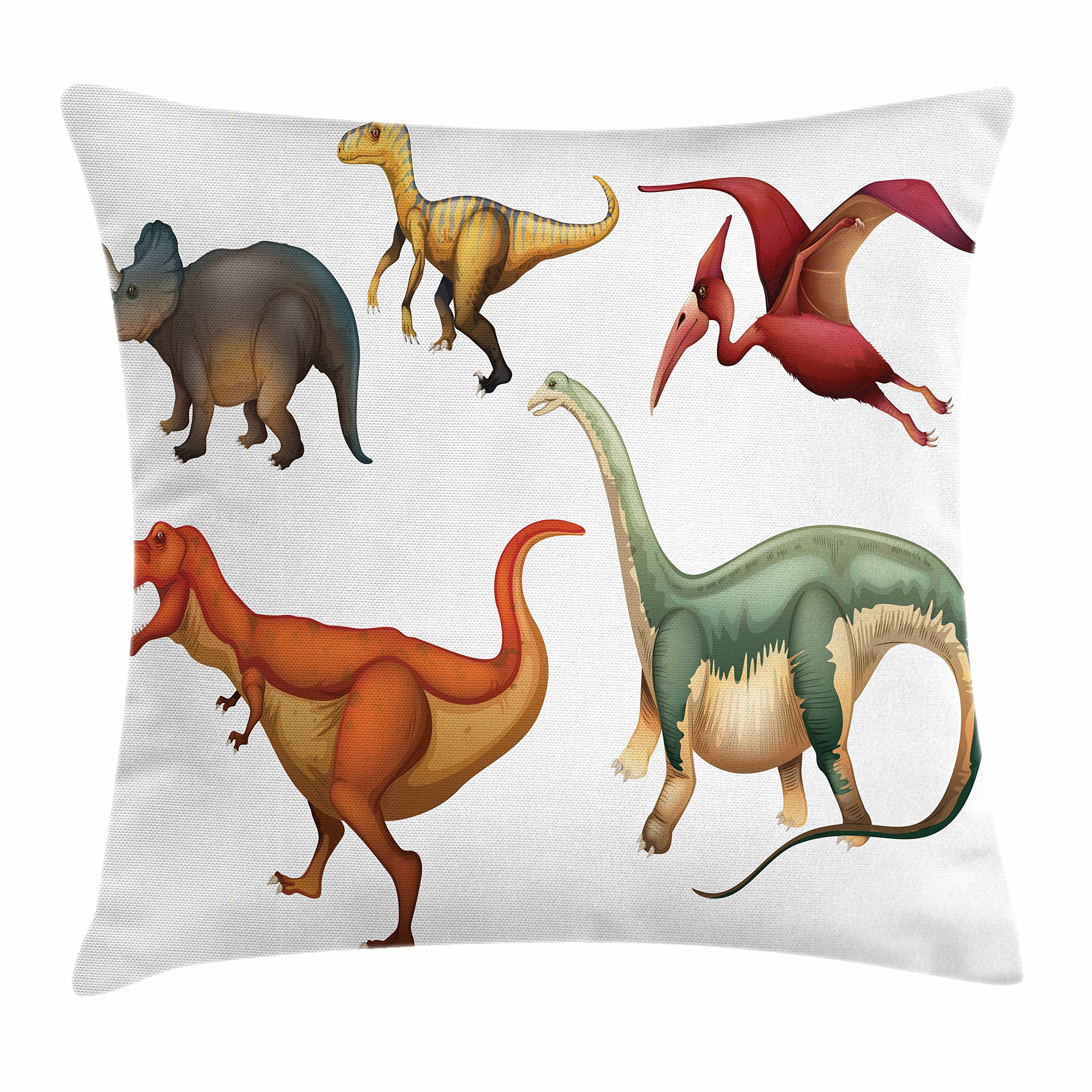 Lunarable Dinosaur Throw Pillow Cushion Cover, Variety of Dinosaurs Displayed on White Background Cartoon Style Illustrations, Decorative Square Accent Pillow Case, 40