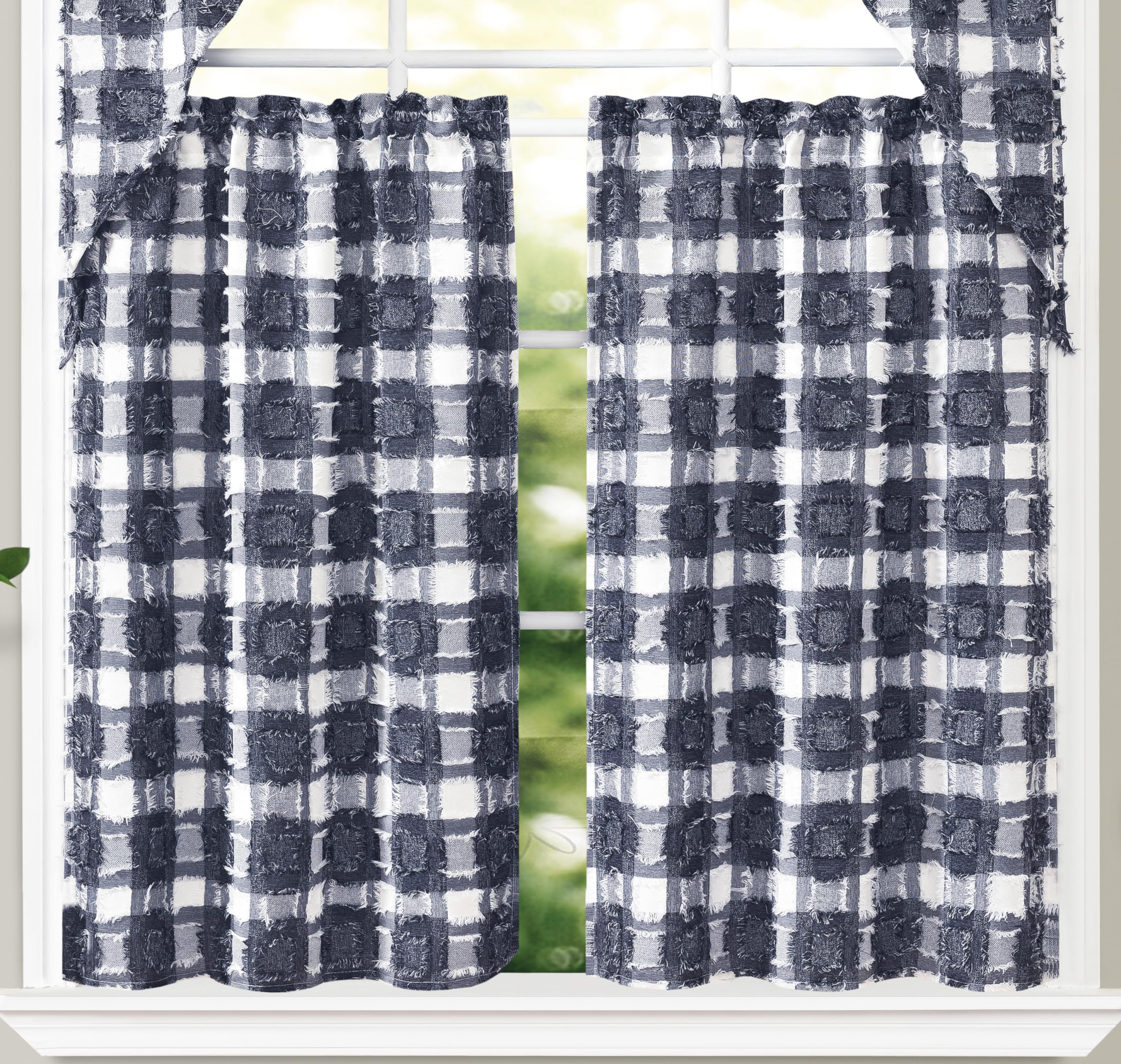 GOHD Fashion Plaids Tiers Kitchen Curtains Boho Pattern Clipped Yarn Stripe Bathroom/Bedroom/Living Room Window Curtain 3 Size(36in,Black and White)