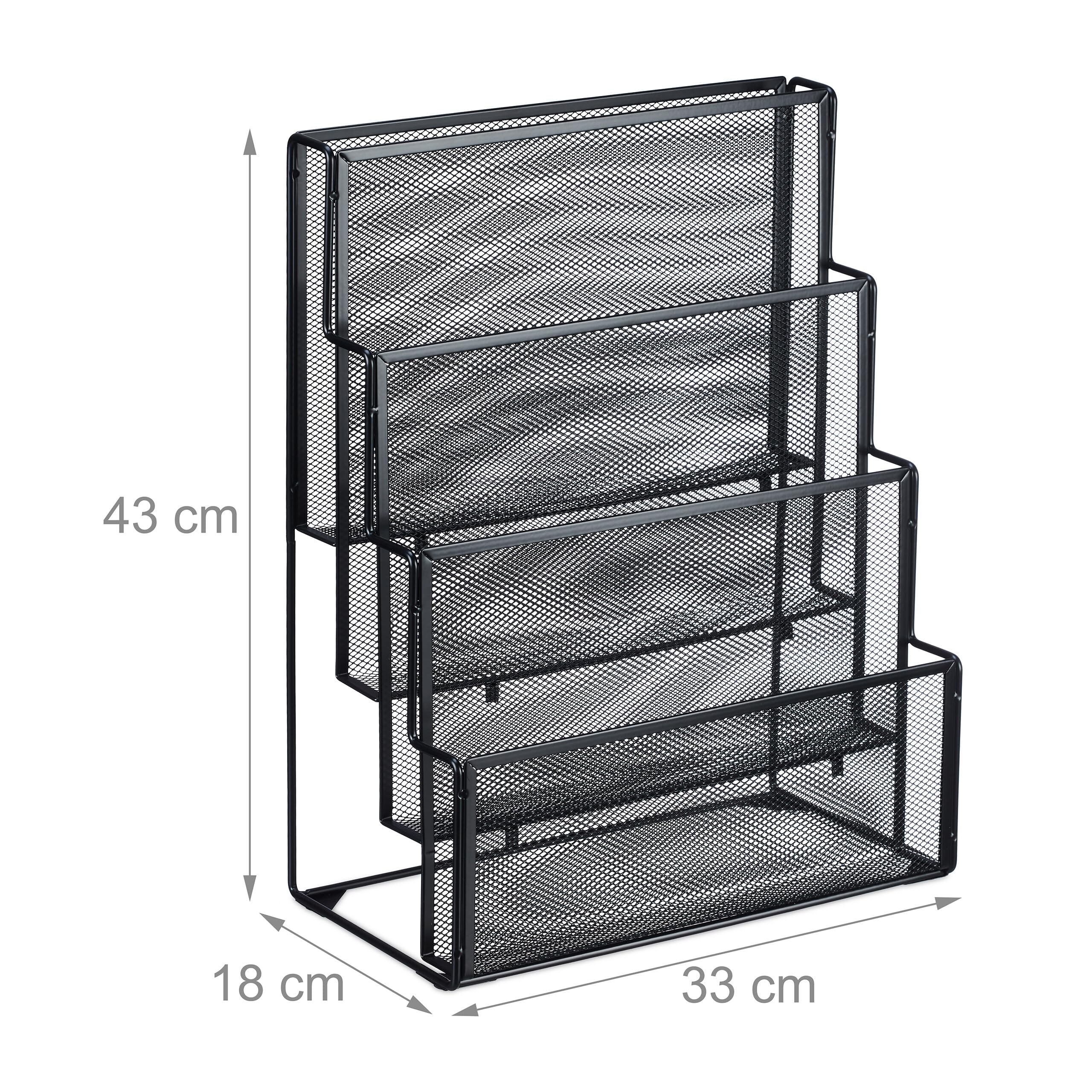 Relaxdays Porte-Documents, métal, 4 Compartiments, pour Lettres et Magazines, H x L x P : 43 x 33 x 18 cm, Noir