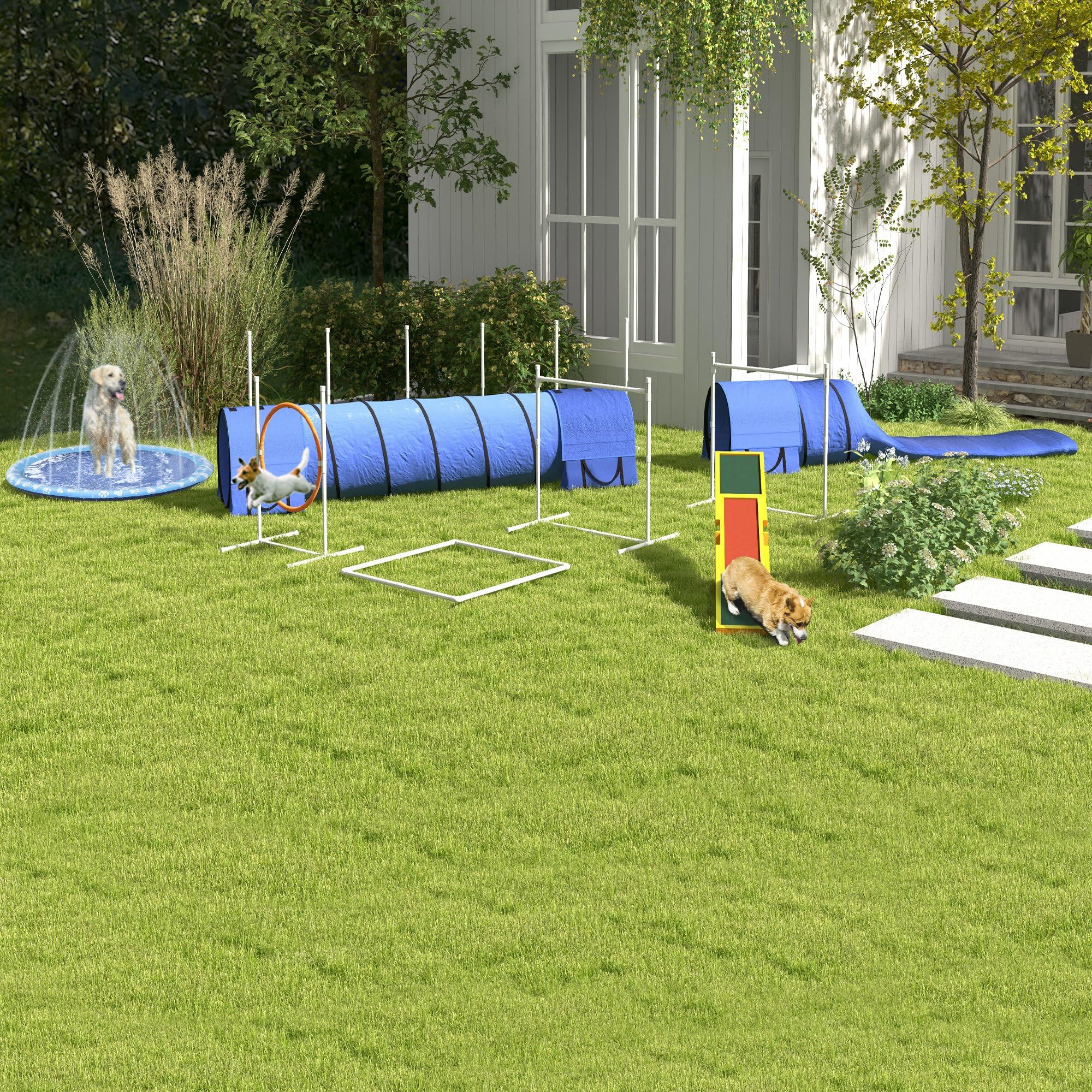 PawHut Dog Agility Set, Set de adiestramiento para Perros de 7 Piezas con Vallas de Agilidad Ajustables en Altura, Postes de Mimbre, Caja de Descanso, túnel, aro de Salto, Juego de Vallas con Silbato | Hürden,Slalomstangen,Springring,Aufbewahrungssche,Pau