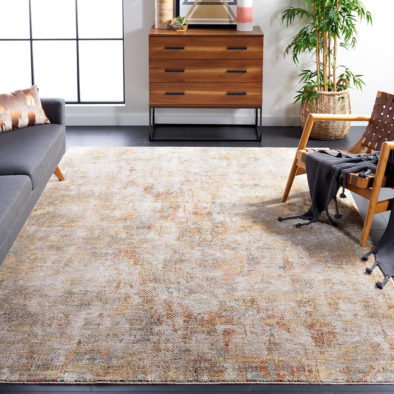 SAFAVIEH Silverado Collection Area Rug - 6'4" Square, Ivory & Gold, Modern Abstract Design, Non-Shedding & Easy Care, Ideal for High Traffic Areas in Living Room, Bedroom (SVD104A)