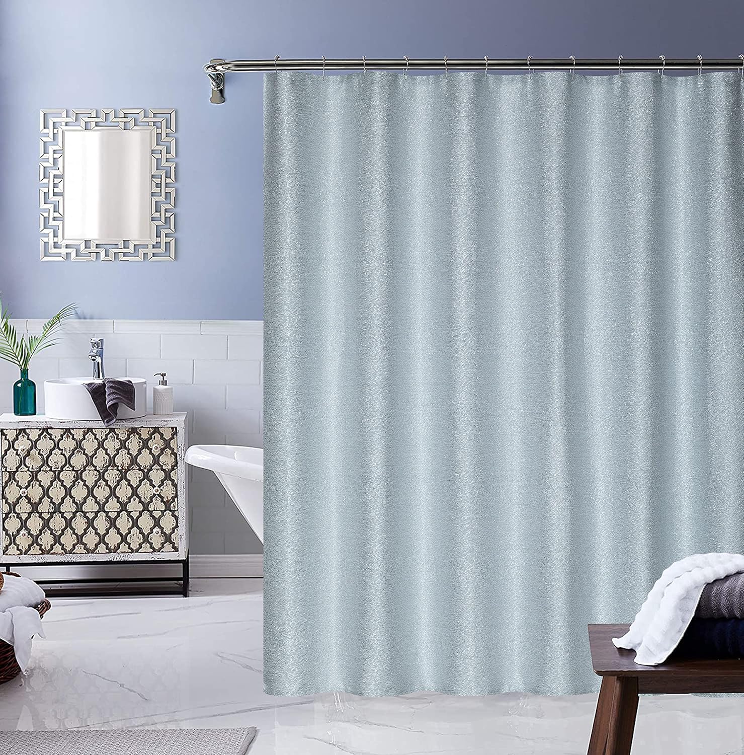Dainty Home Little Rock 3D Floral Textured Wave Weaved Lurex Little 3D Rock Designed Fabric Shower Curtain 70" W x 72" L in Blue