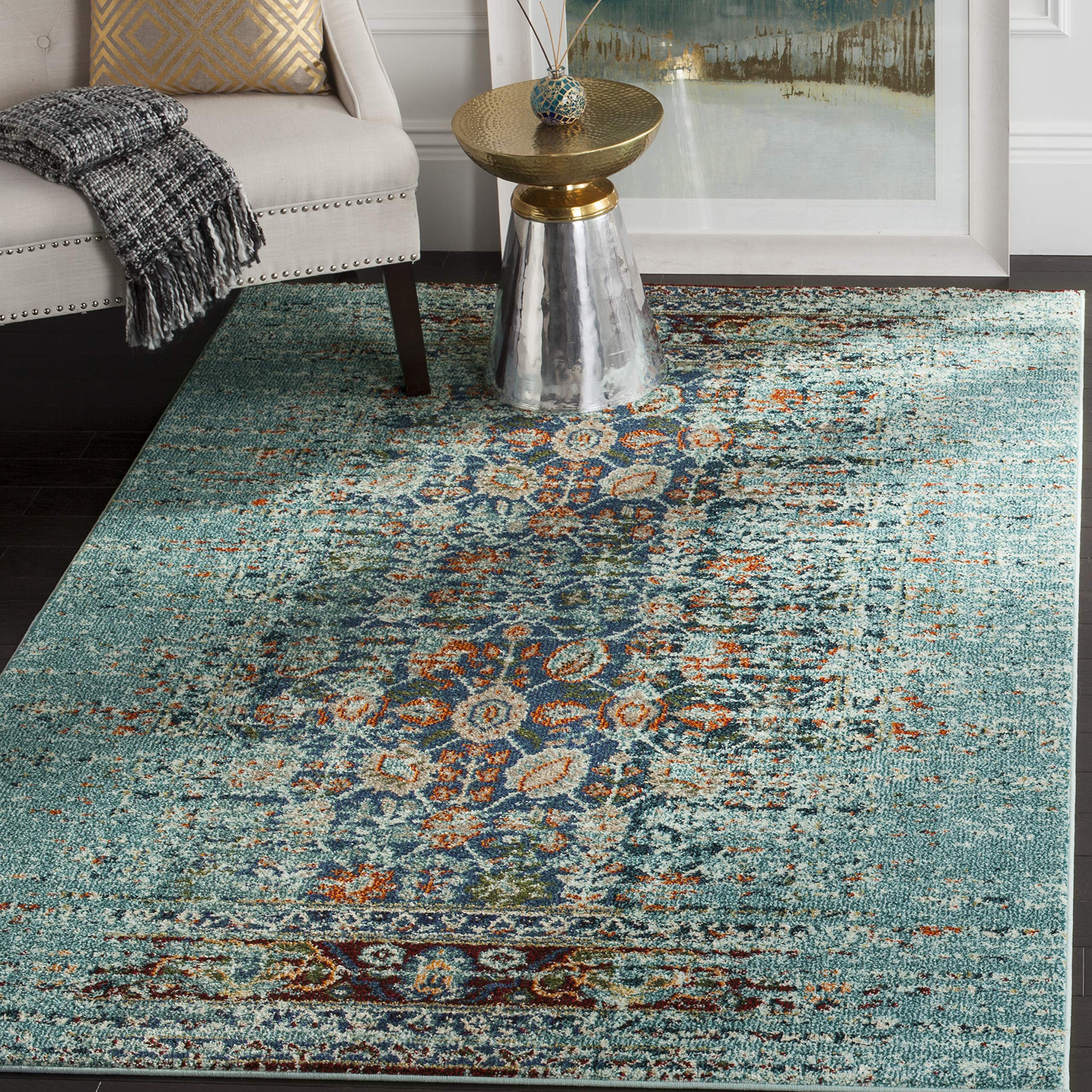 SAFAVIEH Monaco Collection Accent Rug - 3' x 5', Blue & Multi, Boho Abstract Distressed Design, Non-Shedding & Easy Care, Ideal for High Traffic Areas