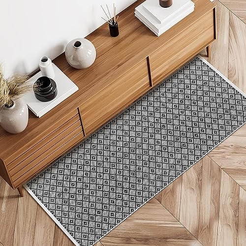 Miniatura 7 de Alfombra de área de 2 x 6 pies, color negro, algodón, diamante, para sala de estar, dormitorio, lavable, antideslizante, alfombra de pasillo para