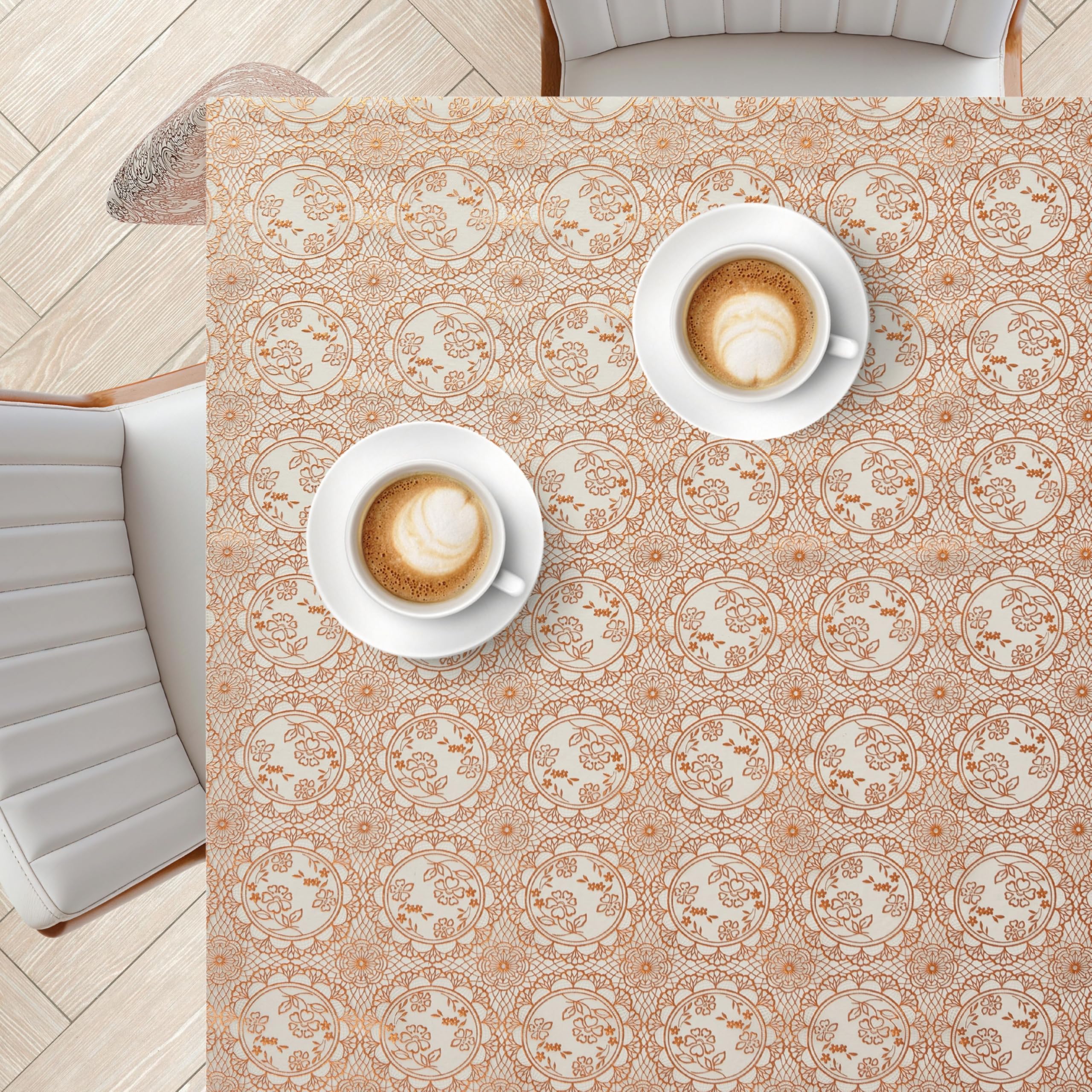 KP HOME Lace Embroidery - Waterproof Wipe Clean Tablecloth Rectangular 78.7"x 53.9" (200x137cm) - Wipeable Plastic Table Cloth Vinyl PVC Oil Cloth Table Cover - Gold and White Medallion Pattern