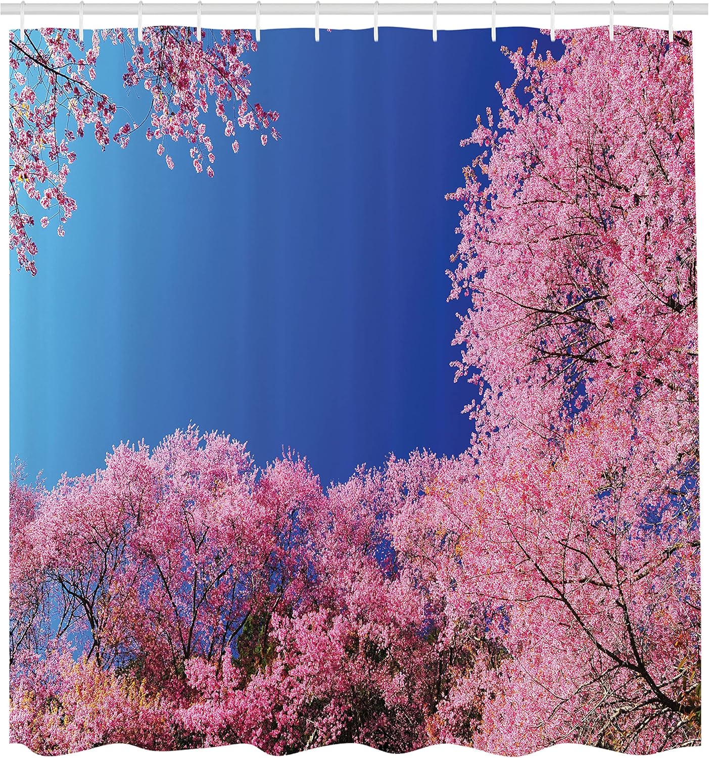 Ambesonne Floral Shower Curtain, Cherry Blossom with Clear Sky Sunny Day View Country Road Garden Spring Landscape, Cloth Fabric Bathroom Decor Set with Hooks, 69" W x 70" L, Fuchsia Blue