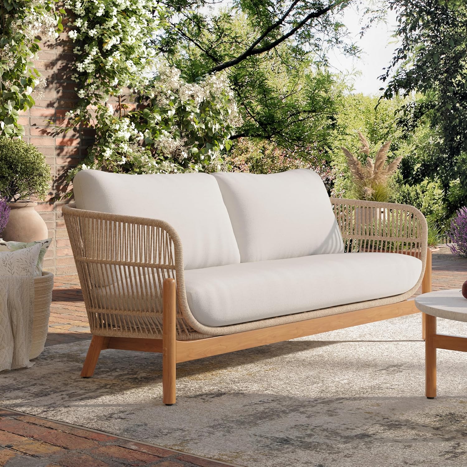 New Classic Furniture Solstice Wood Rope Patio Loveseat in Linen Beige