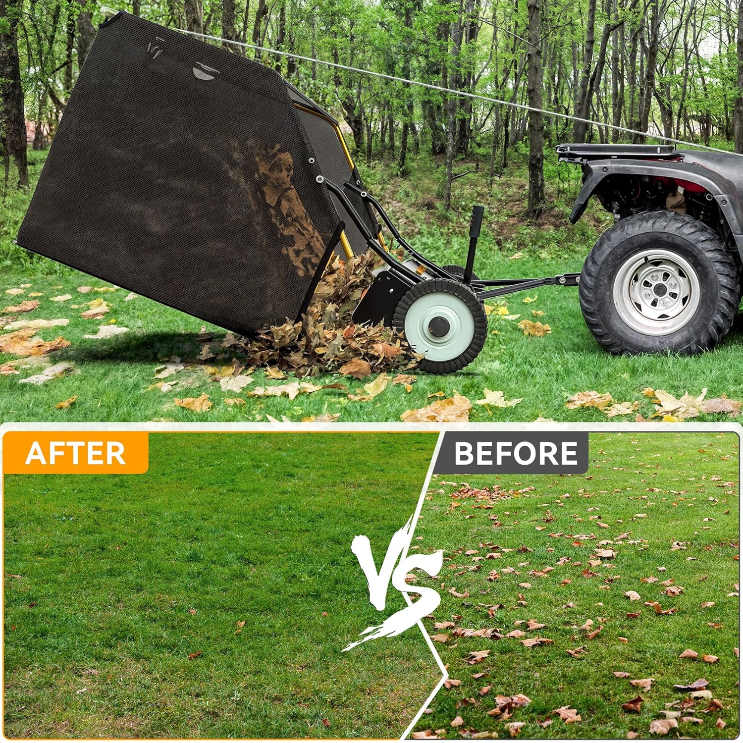 YINTATECH Tow-Behind Lawn Sweeper,42" Pull Behind Heavy-Duty Garden Sweeper with Hopper Bag,Grass Collector,Adjustable Brush Height,Anti-Splash Cover,Dumping Rope from Seat Handle for Yard Lawn