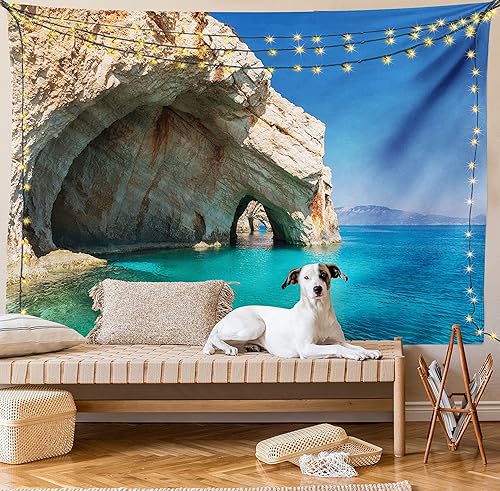 Miniatura 8 de Ambesonne Tapiz de Grecia, cueva marina en la isla de Zante, Grecia, vacaciones relajantes, paisaje marino, imagen costera, colgante de pared ancho