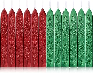 Yoption 12 Pcs Sealing Wax Sticks with Wicks, Antique Metallic Green Red Totem Fire Manuscript Seal Wax for Wax Seal Stamp (Metallic Green+Metallic Red)
