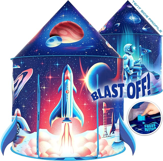 W&O Rocket Ship Play Tent with Blast Off Button - Rocket Tent , Pop Up Tents for Kids, Rocket Ship Tent , Space Tent, Space Toys , Kids Tent Indoor & Outdoor, Kids Play Tent, Play Tents, Rocket Toy
