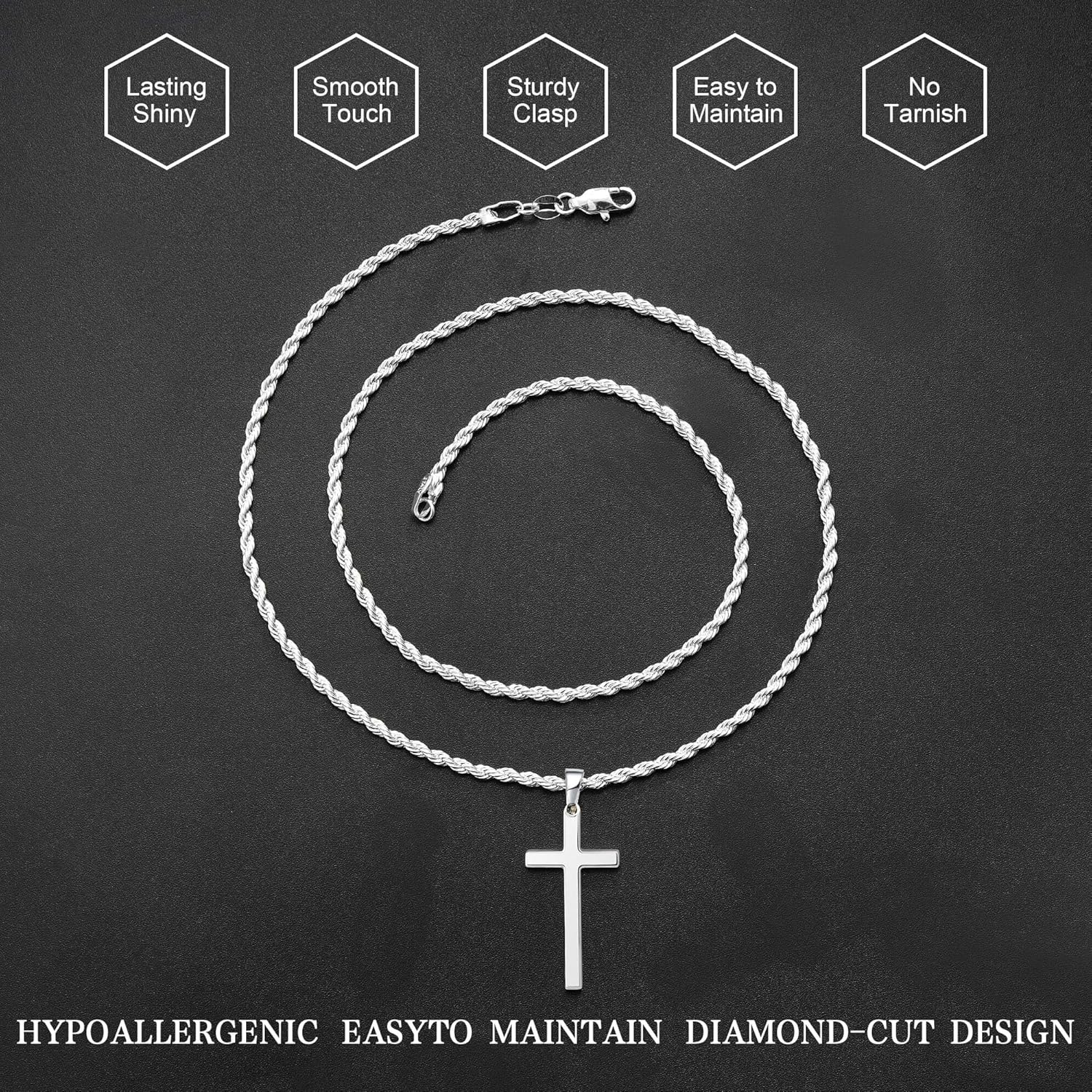 925 Sterling Silver Cross Necklace for Men, 2.5mm Rope Chain Cross Pendant Necklace for Women, Mens Silver Necklace 16 18 20 22 24 Inches, Christian Gifts for Him Father Hunband
