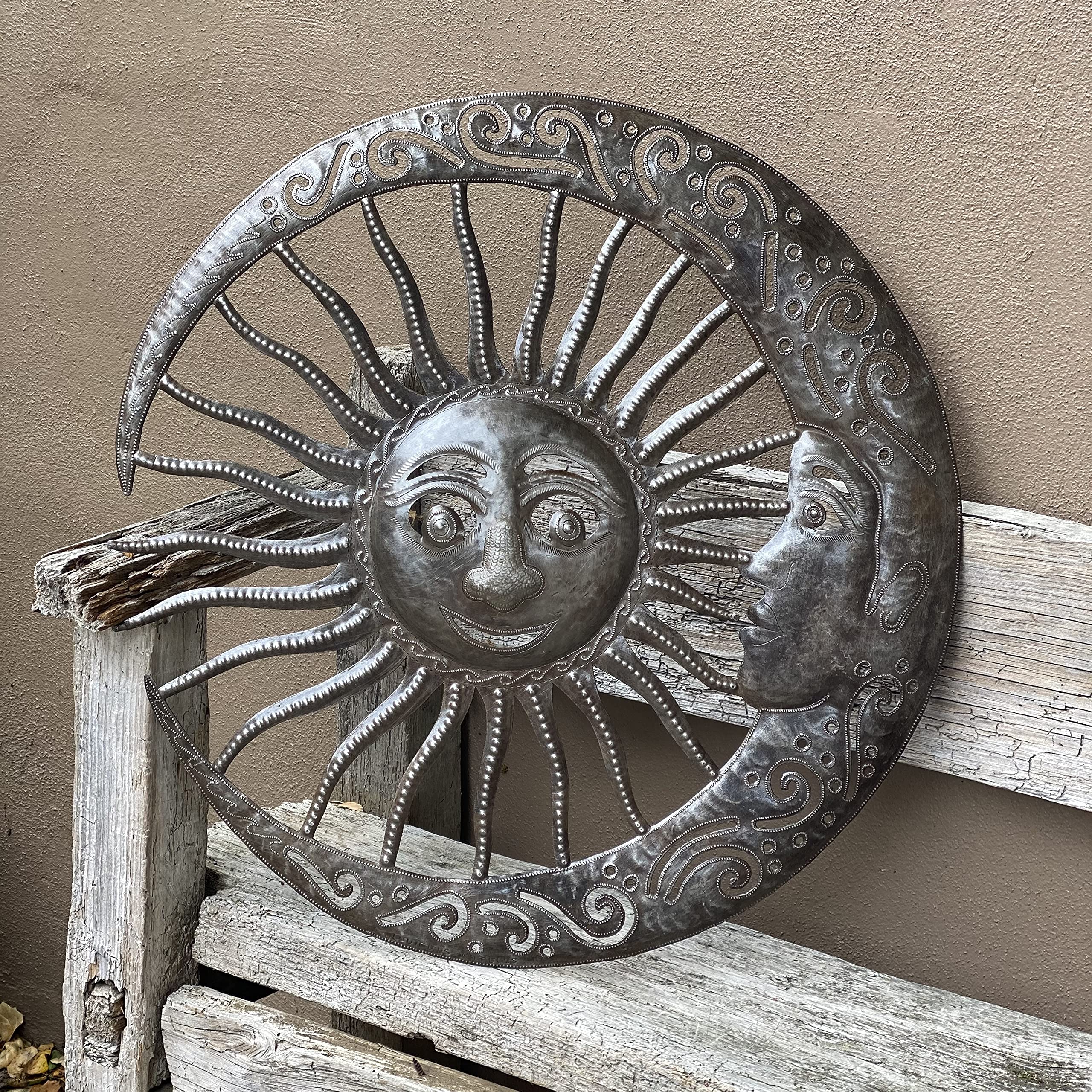 Coppia celeste di sole e luna, bronzo argentato, decorazione da parete haitiana, sculture decorative in metallo, per interni ed esterni, 63 cm