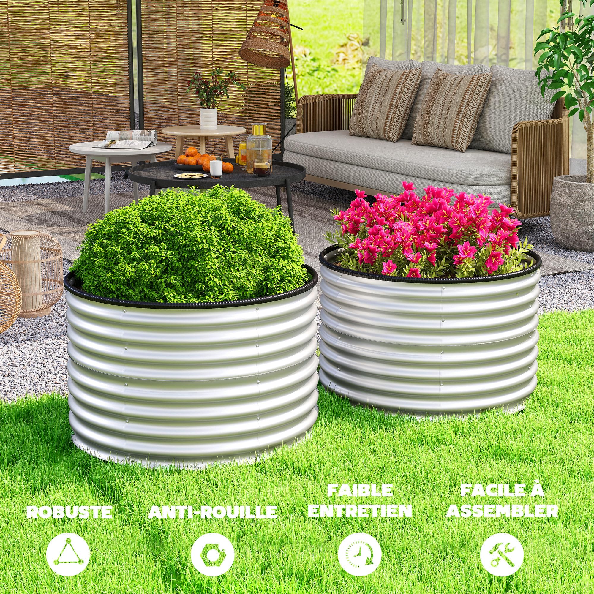 Outsunny Jardinières Surélevées, Jardinière Ronde Surélevée, Lot de 2 | Kit Rond, Fonds Ouverts, Joints en Caoutchouc Protecteurs, Acier Argent Galvanisé