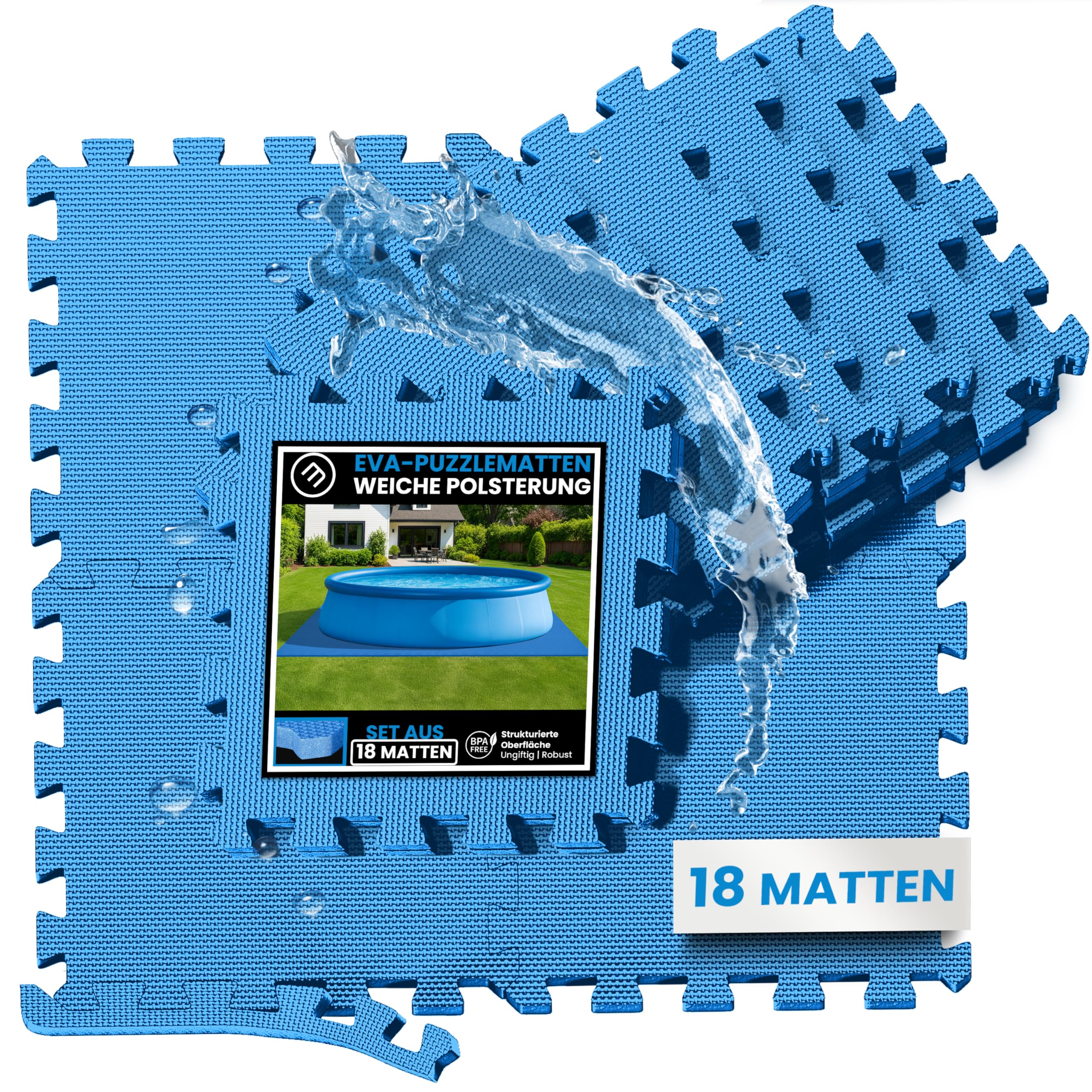 bemaxx Poolmatte Unterlegmatte Unterlage – 18 Eva Matten pro Set: Planschbecken Bodenschutzmatte Whirlpool Puzzlematte Poolfliesen Bodenmatte Bodenfolie Schutzboden Outdoor Poolteppich - Azur