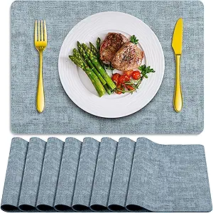Placemats Set of 8 Washable, Heat Resistant Table Placemats Wipeable Faux Leather Place Mats Non Slip, Waterproof Square Table Mats for Indoor Outdoor, Light Blue