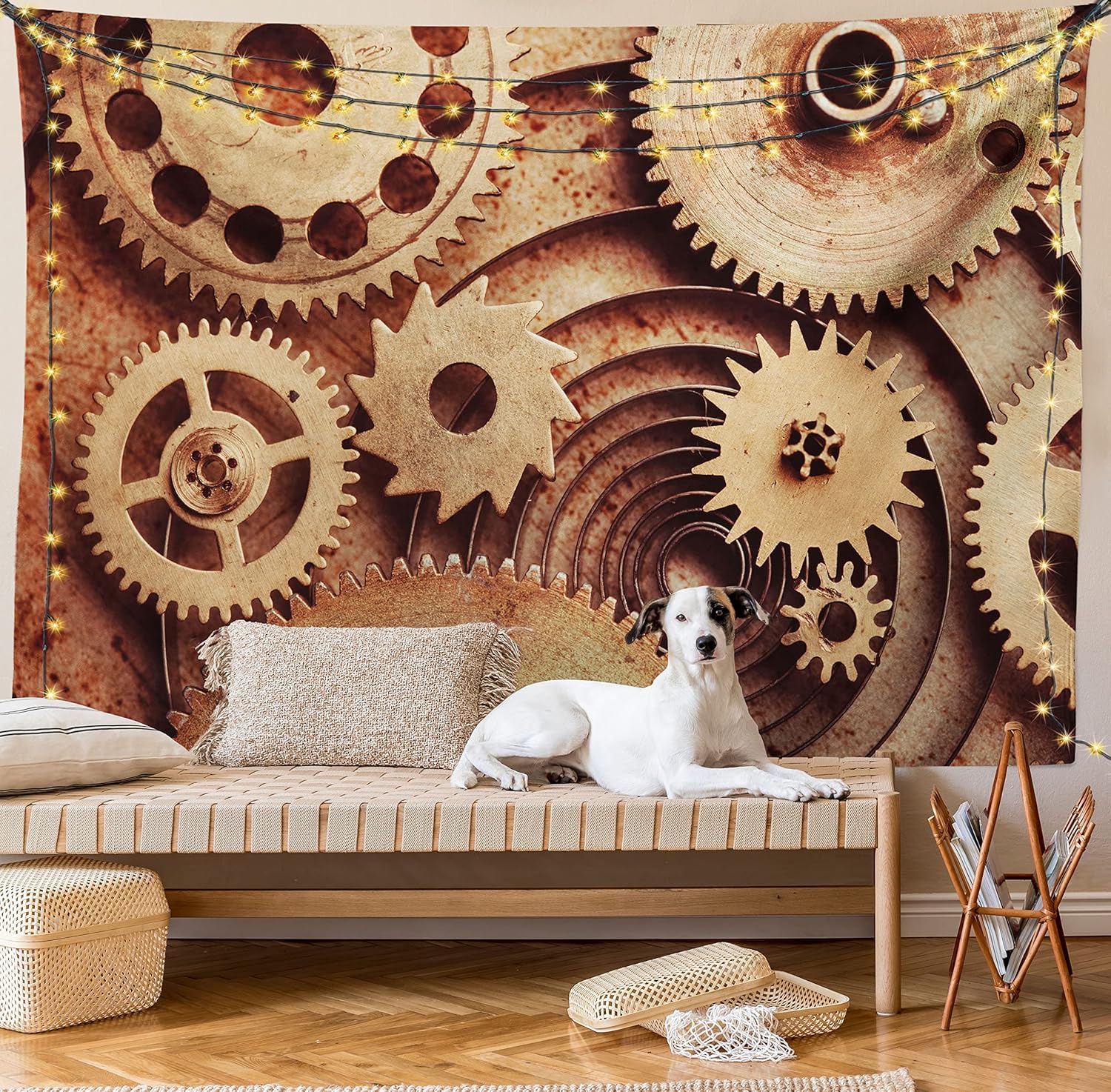 Ambesonne Industrial Tapestry King Size, Inside the Clocks Theme Gears Mechanical Device Image in Steampunk Style Print, Wall Hanging Bedspread Bed Cover Wall Decor, 104" X 88", Cinnamon