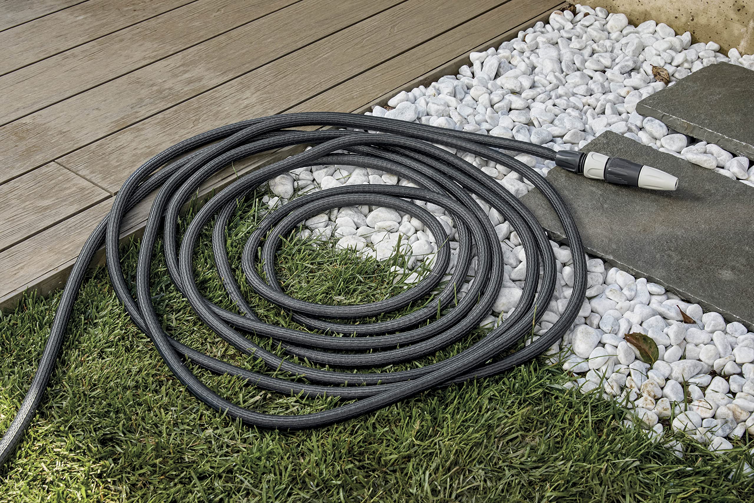 G.F. SRL, Aquapop Grey Easy 30, 30 Meter selbstverlängernder Gewebeschlauch, Made IN Italy, mit Mini-Gartenspritze und Anschlüsse zur Bewässerung von Gärten, dunkelgrau