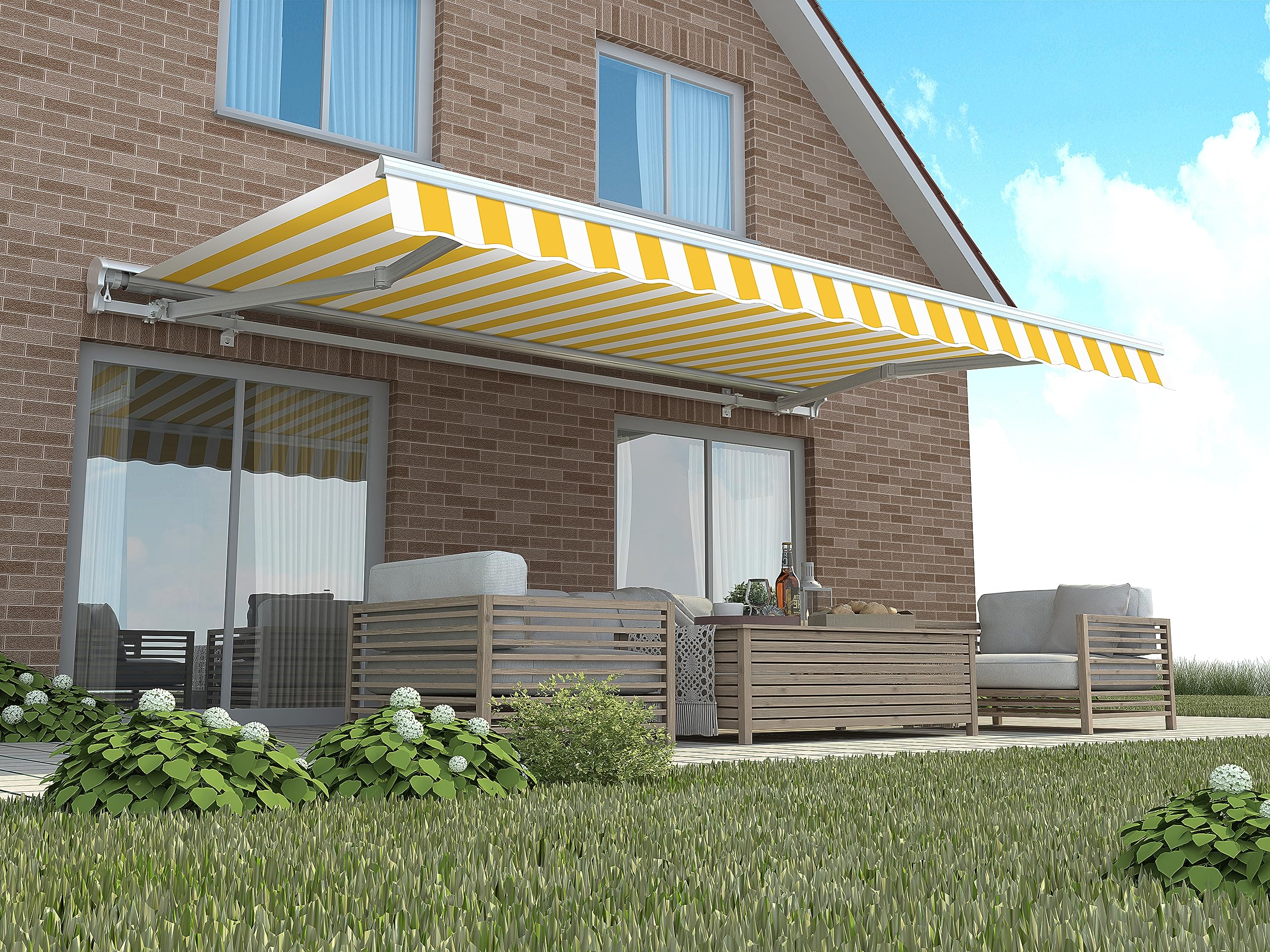 schabracke für markise kaufen home Trends Markisen Volant Markisenbespannung Ersatzstoffe Markisenstoffen Sonnenschutz Polyester fertig genäht mit Umrandung mehr Maß und Diverse Farbe (P2011-gelb weiß gestreift, 387 cm) Dachzelt zum Abbauen Aguilar Agro Bass Overdrive Farbe:Mitro UE-1 Black Matt