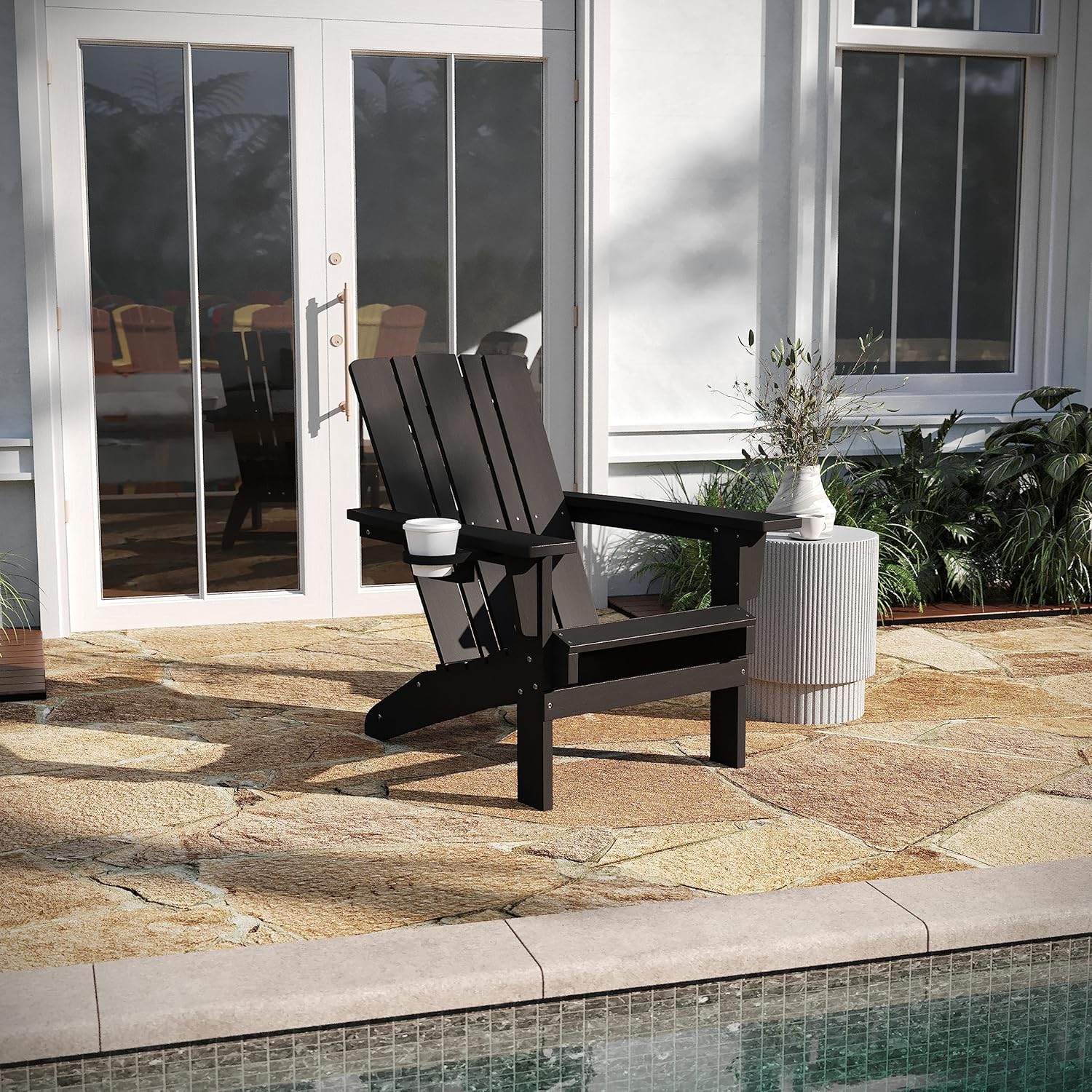 Taylor & Logan Hedley Adirondack Chair with Cup Holder, Weather Resistant HDPE Adirondack Chair in Black