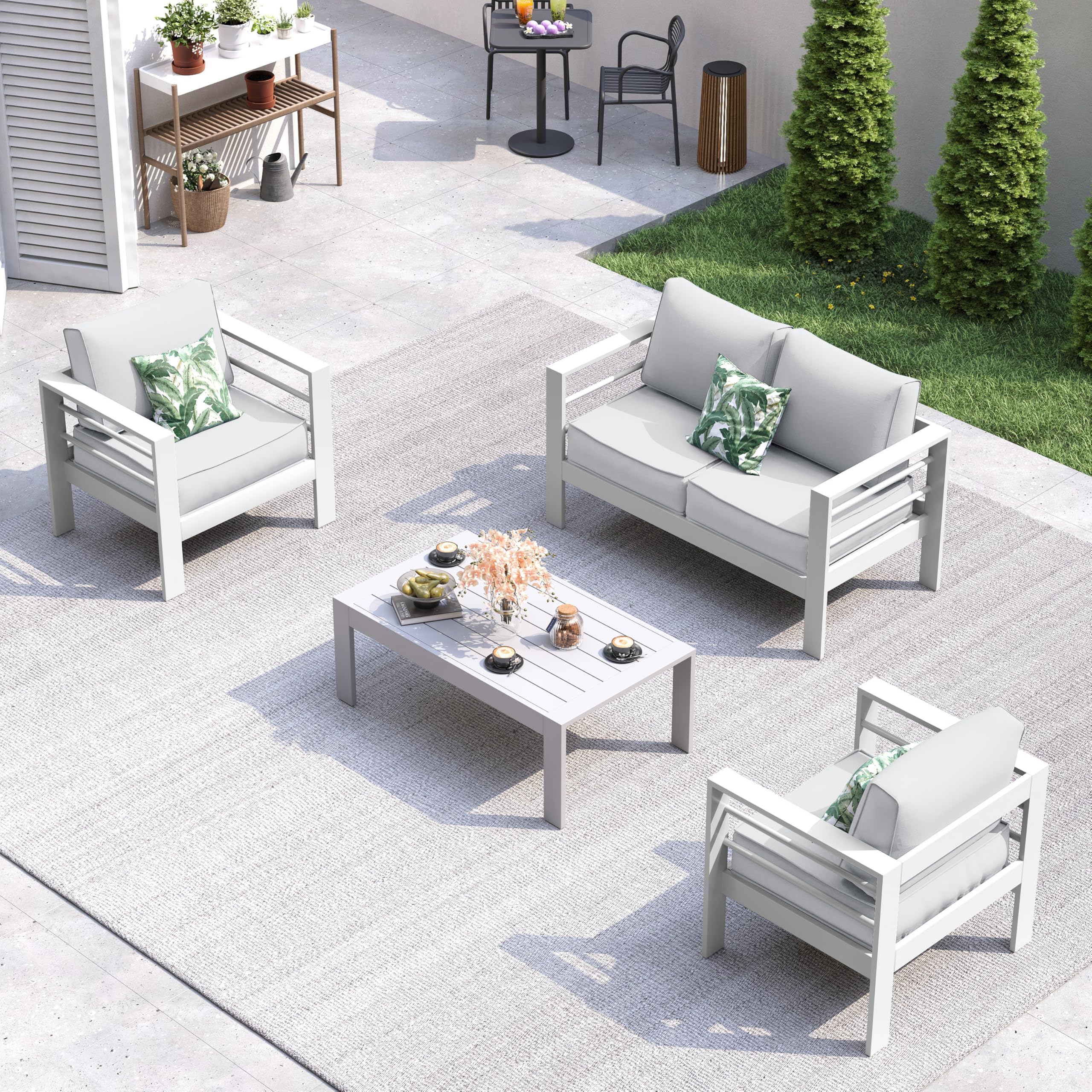 UDPATIO Aluminum Patio Furniture Set, 4 Seats Modern Outdoor Seating Set for Balcony(Include Waterproof Sofa Cover)