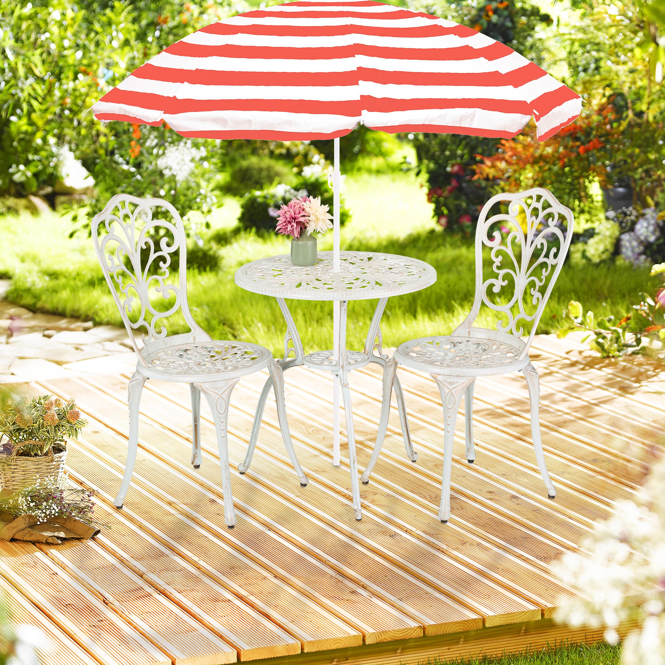 Relaxdays Salon de Jardin pour 2 Personnes, Table avec 2 chaises, Fonte d'aluminium, Design Rustique, Blanc et Bronze