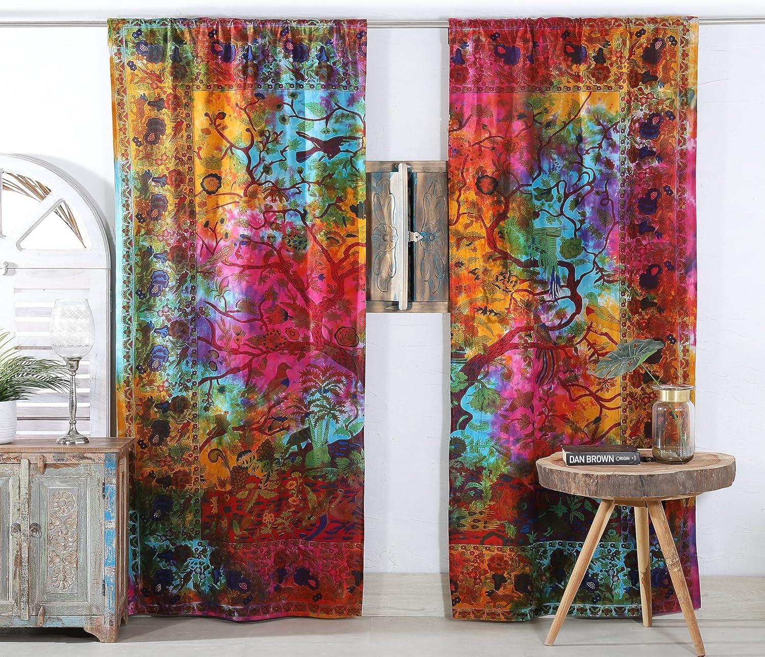 Popular Handicrafts Indian Hippie Bohemian Beautiful Tie Dye Tree of Life Birds Curtain Panels Multi Color