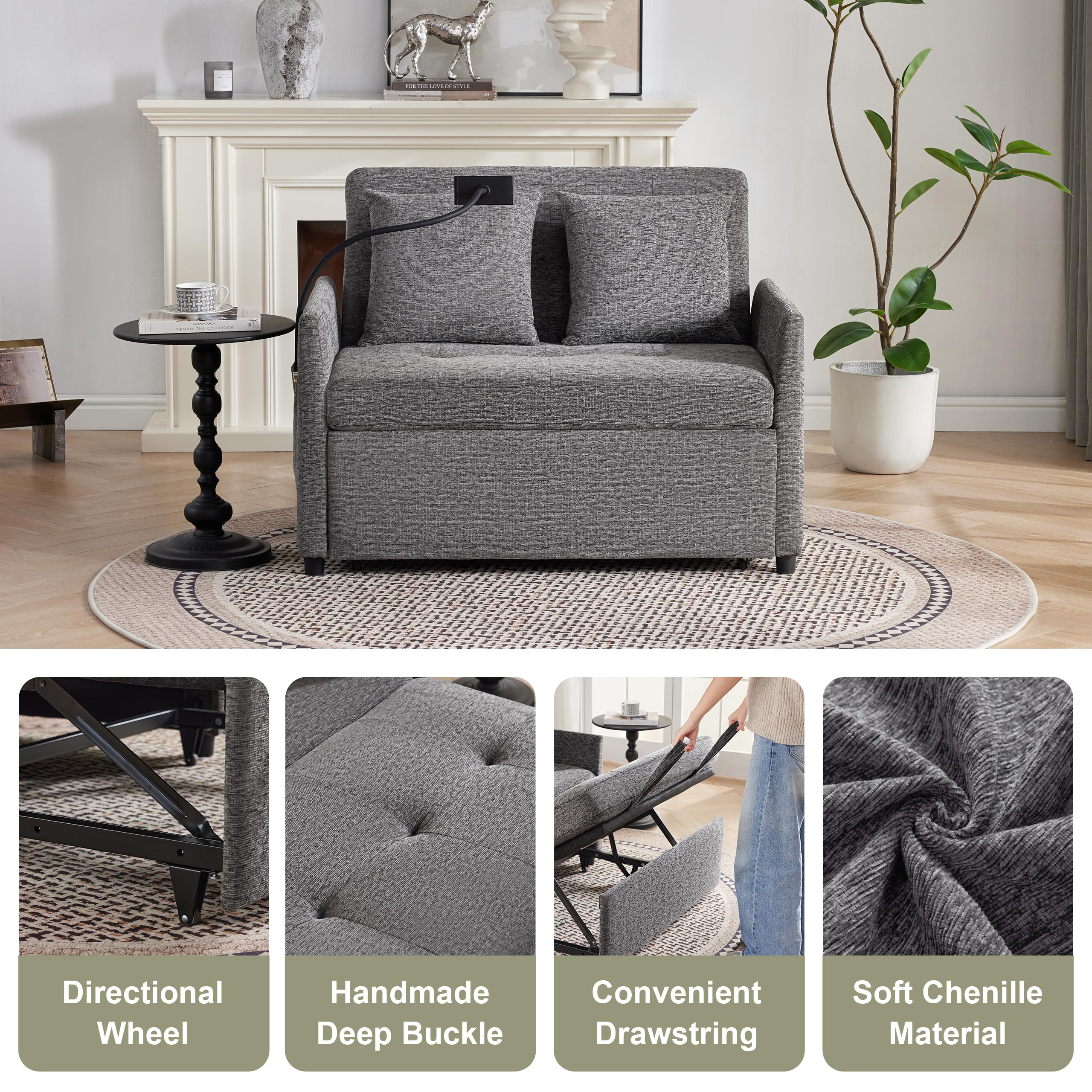 Loveseat Sleeper Sofa Convertible Sofa Bed, Pull out couch, Dark Grey | 3 in 1 couch bed with Phone Holder, Futon Sofa Bed with USB and Type-C Ports for Living Room, Adjustable Backrest