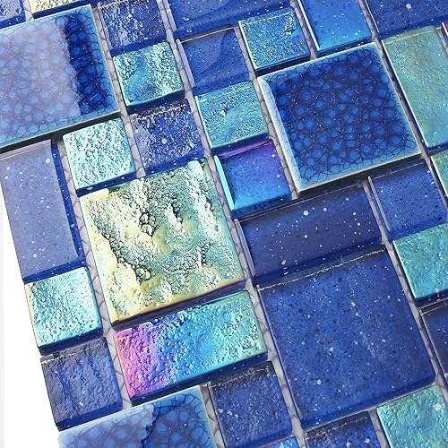 Miniatura 8 de Blujellyfish Azulejos de mosaico de vidrio azul con patrón francés, láminas de mosaicos cuadrados iridiscentes de vidrio azul cobalto de cerámica
