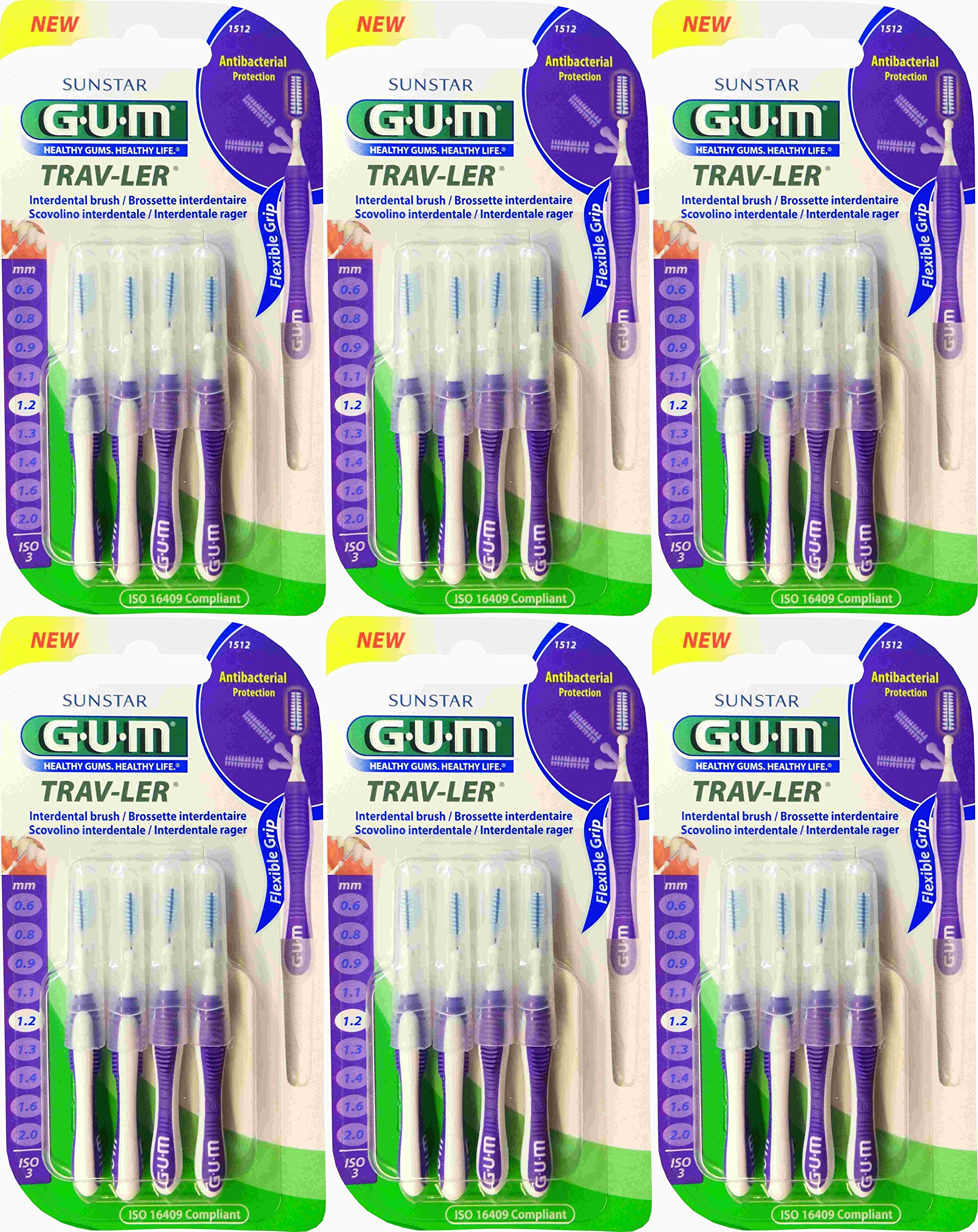 GUM Brossette Interdentaire Violet, Lot de 6, Portable, Cylindrique Extrafine, ISO 3, 1,2 mm, Nylon, Plastique, Manuel, Jetable
