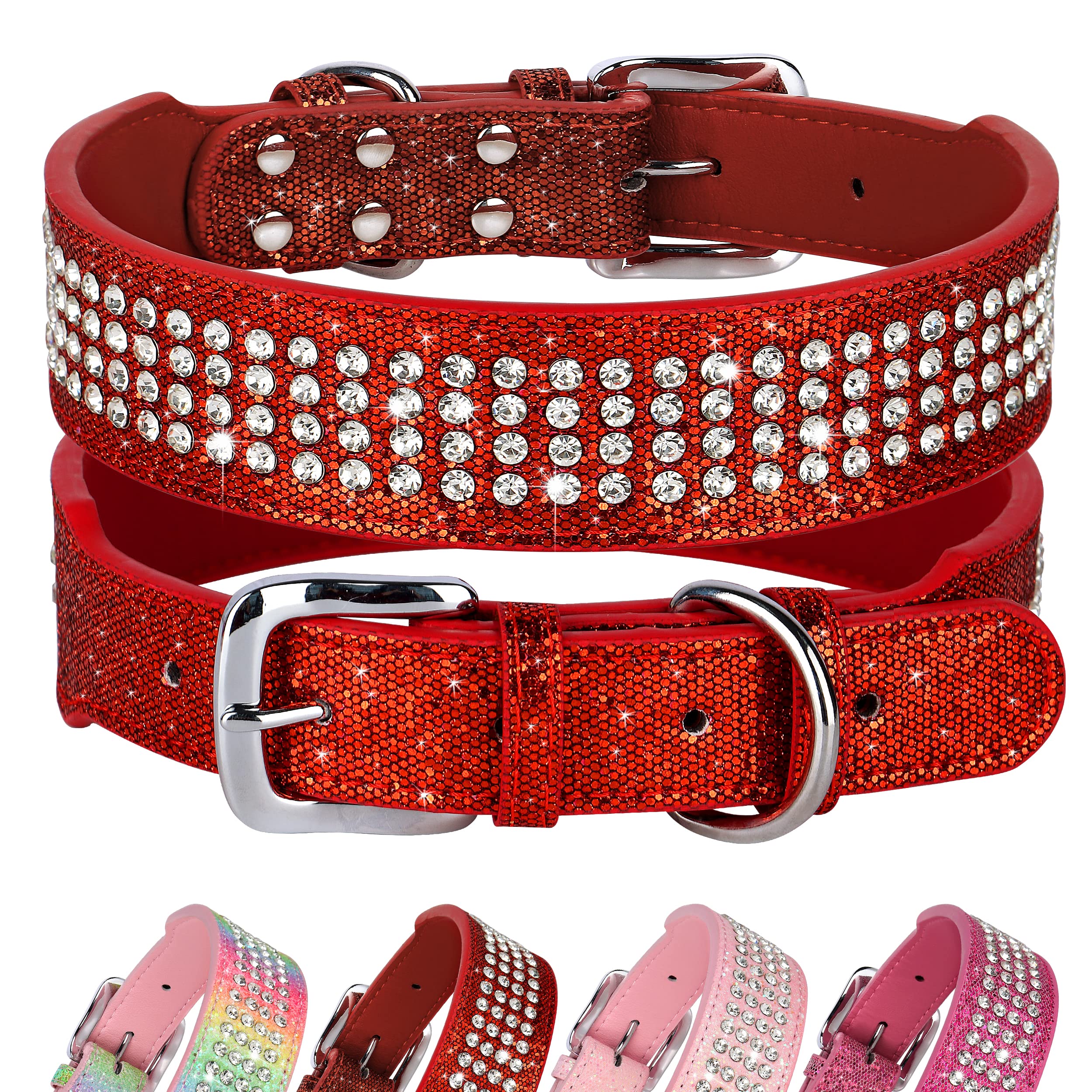 Didog Rhinestone Dog Collar with Dazzling Diamonds, 1.5" Wide PU Leather Glitter Dog Collar, Heavy Duty Sparkling Diamond Dog Collar for Medium Large and Extra Large Dogs, Red, X-Large
