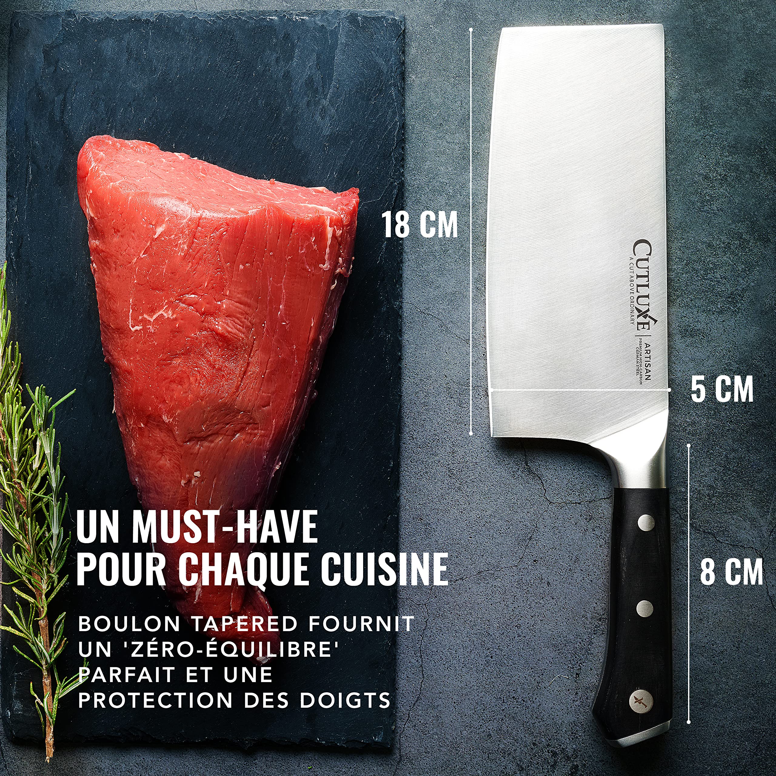 Cutluxe Couteau de Boucher 17.7 cm Acier Allemand Carbone Tang Complet Série Artisan