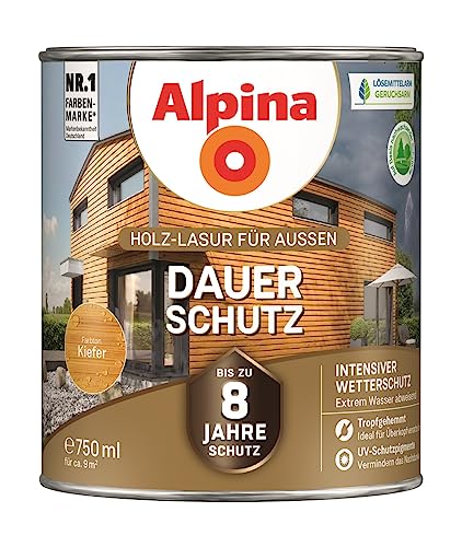Alpina Dauerschutz Lasur für Holz, 0,75L (99x99x119 mm, Seidenmatt, Wasserbasiert)