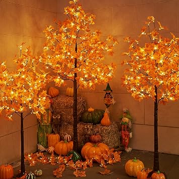 LIGHTSHARE 4+5+6FT Total 288LED Artificial Lighted Maple Tree Warm White Fall Decorations Indoor Outdoor, Orange