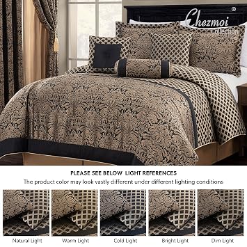 Chezmoi Collection 7-Piece Black/Gold Diamond Floral Medallion Jacquard Woven Comforter Set, Queen