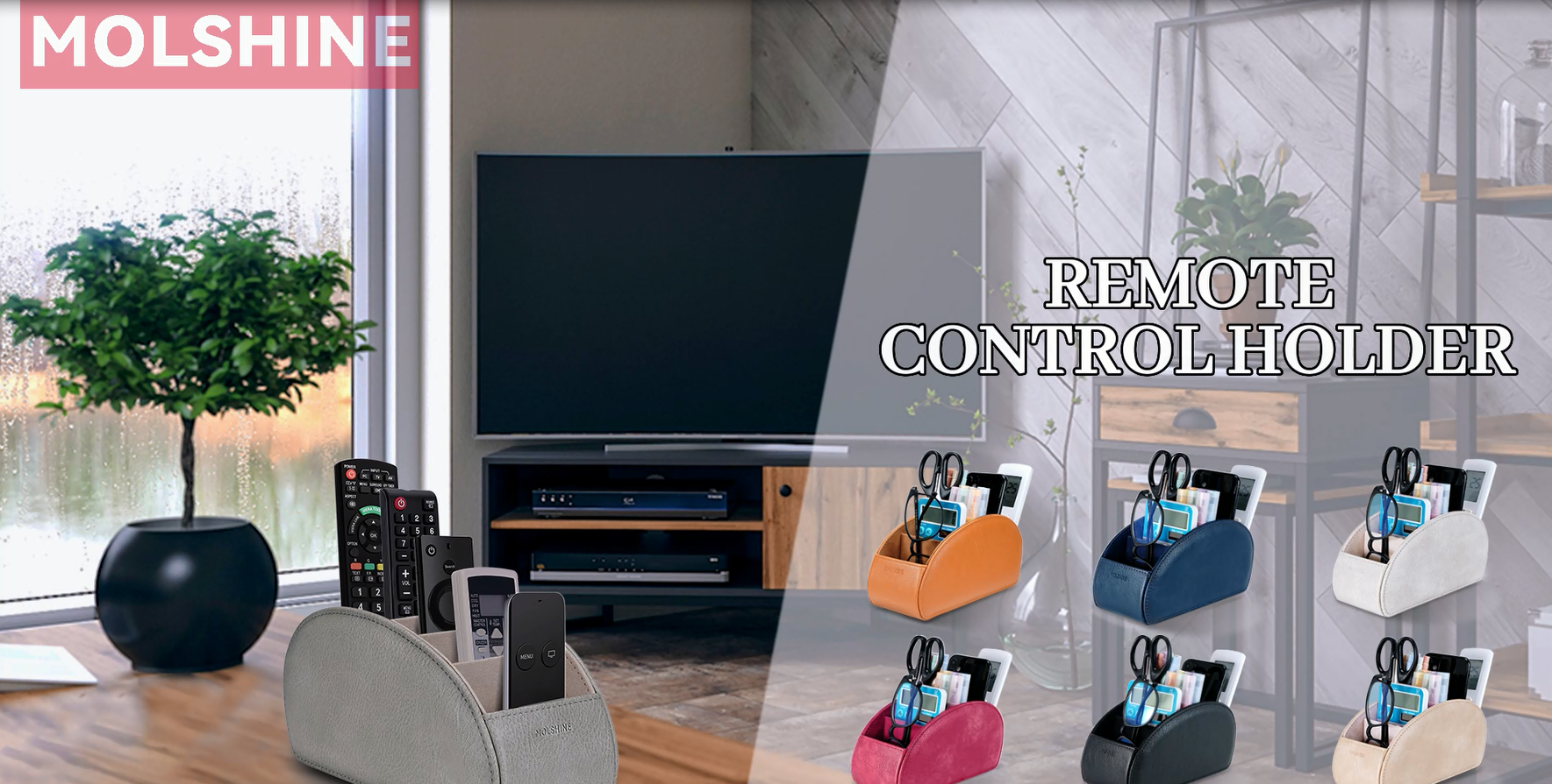 molshine Porta Telecomandi con 5 scomparti,Pelle PU Organizzazione Ufficio di Stoccaggio Caddy Box per Tv Remote,Media Player,Forniture per ufficio,Pennello di trucco (Rosso Scuro