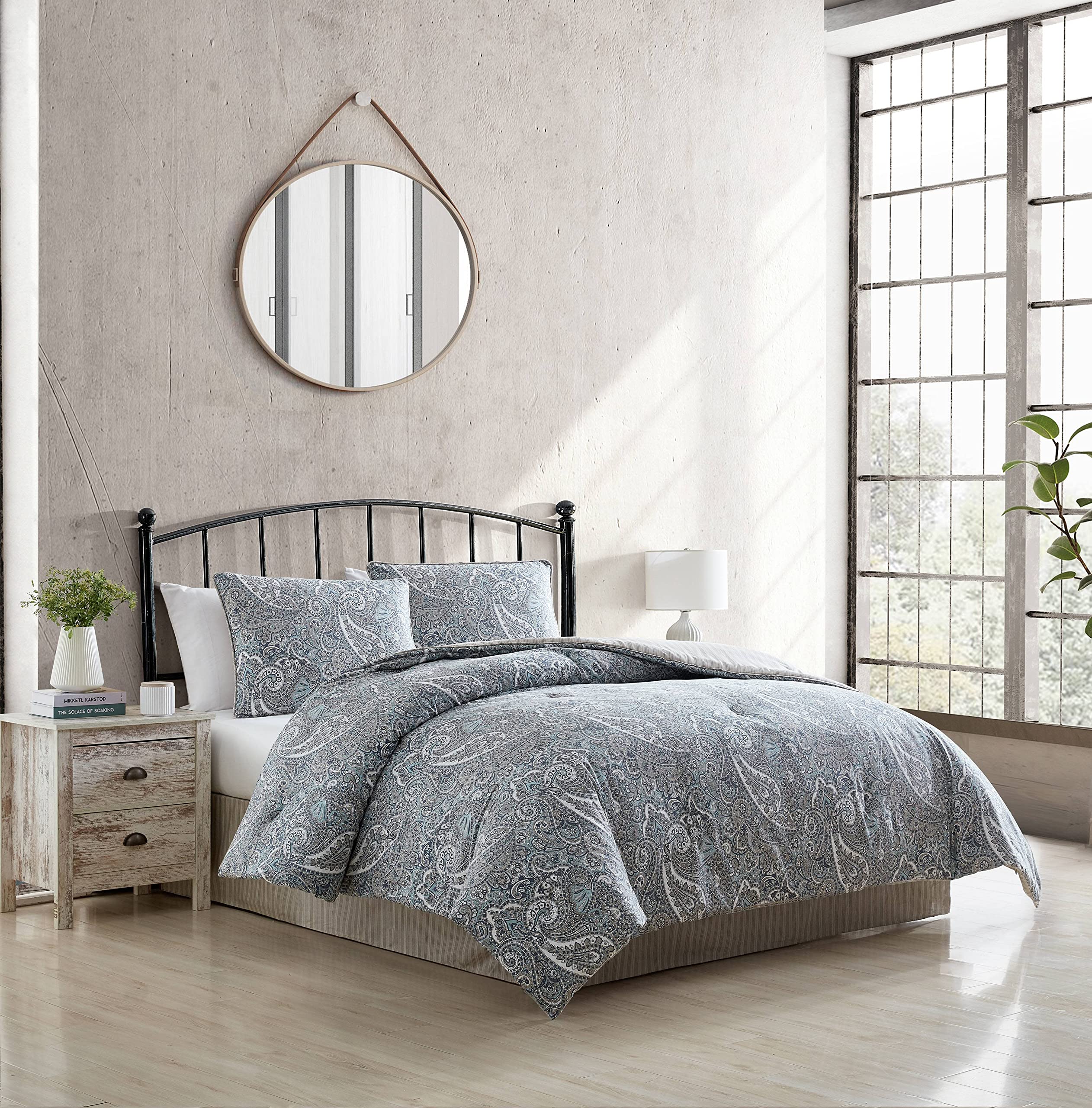 Stone Cottage - King Comforter Set, Reversible Cotton Bedding with Matching Shams And Bedskirt, All Season Home Decor (Lancaster Blue, King)